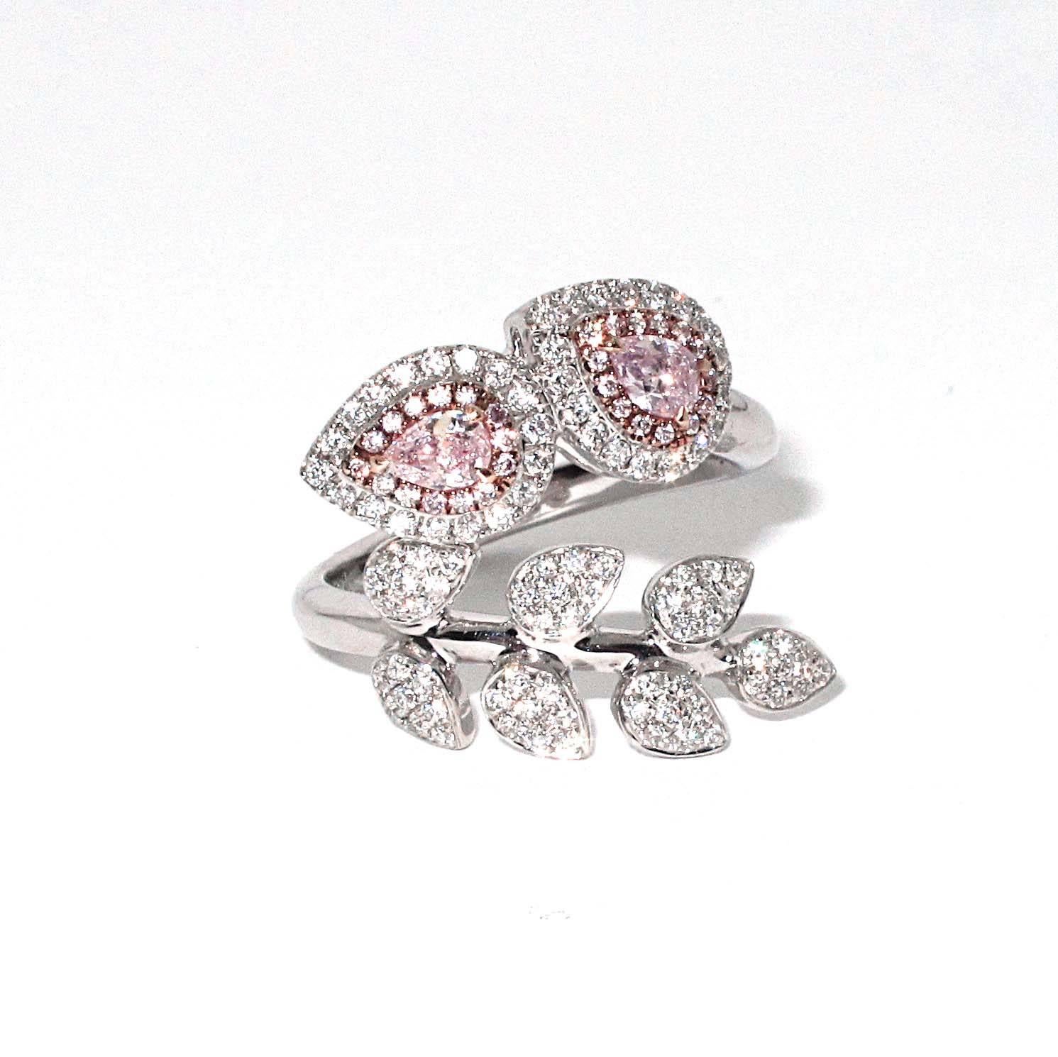 Pear Cut GIA Certified Light Pink and White Diamond Leaf Wrap Ring