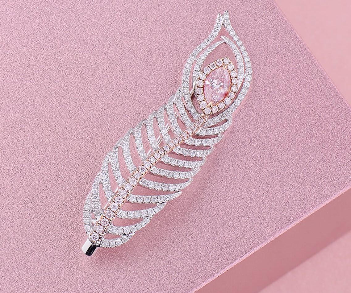 Marquise Cut GIA Certified Light Pink White Marquise Shape Diamond 18 Karat White Gold Brooch For Sale