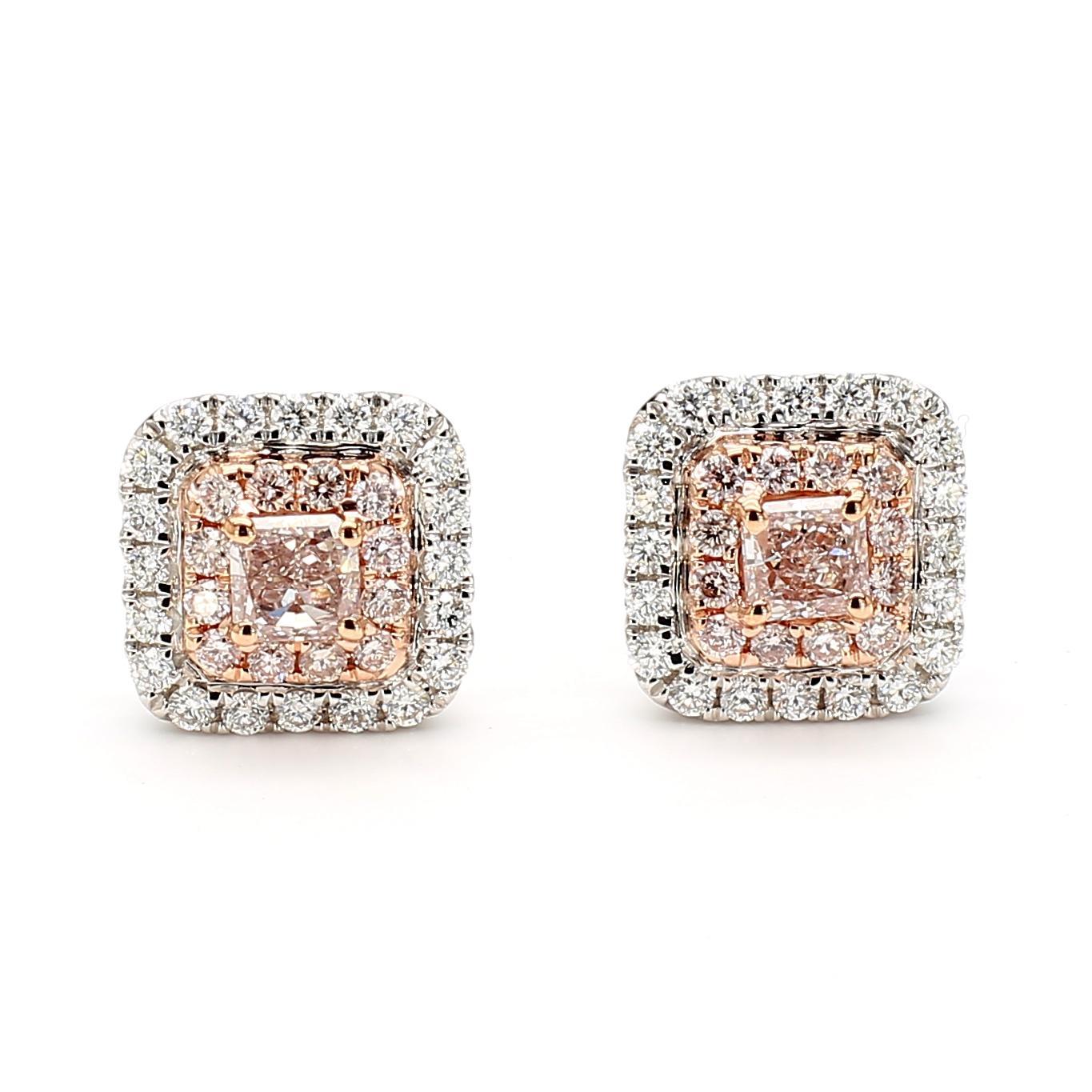 Orecchini in oro con diamante radiante marrone rosato chiaro certificato GIA da 0.90 carati TW