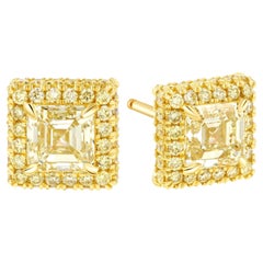 GIA Certified Light Yellow Asscher Cut Stud Earrings 2.74 carat 14k yellow gold