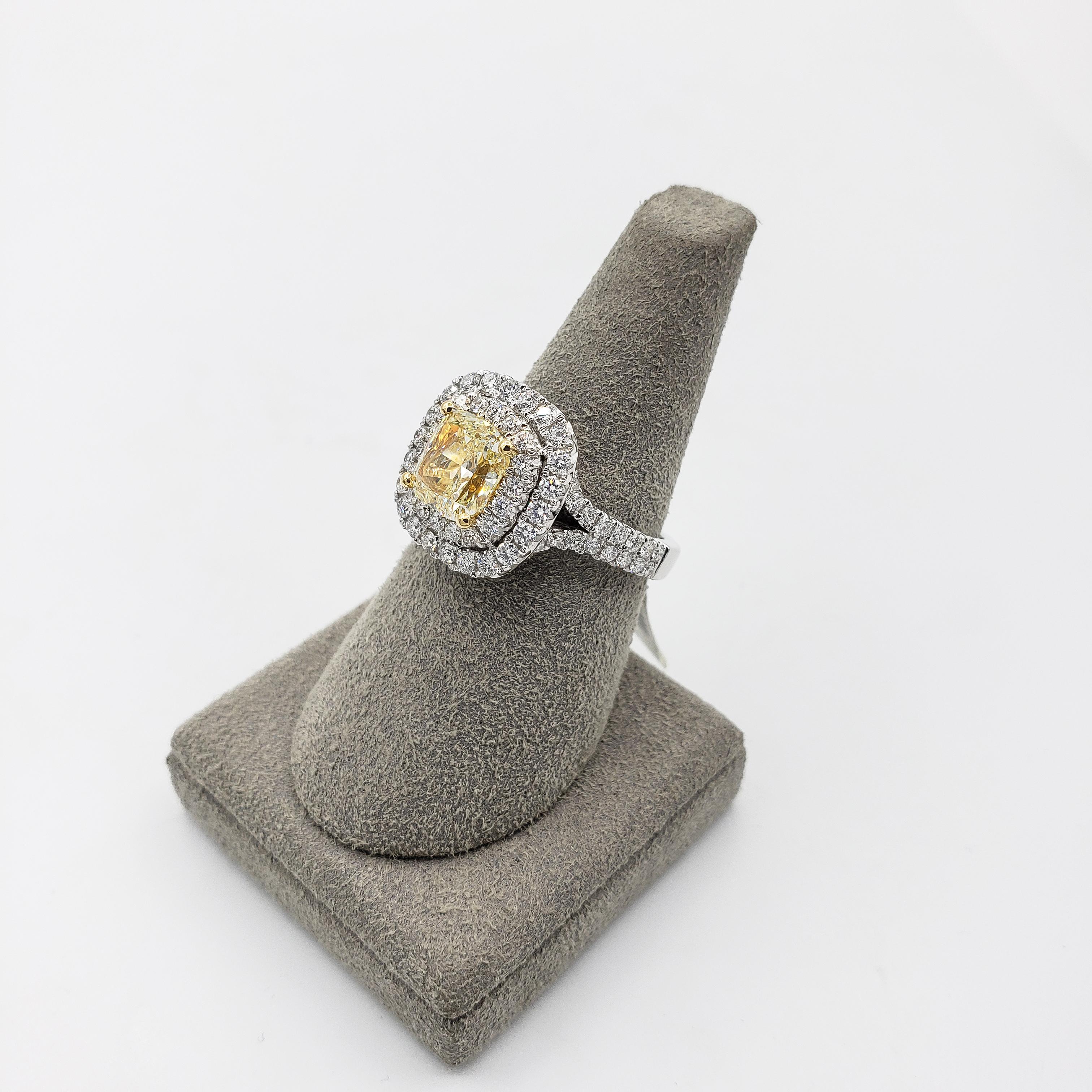 Contemporary Roman Malakov, Light Yellow Cushion Diamond Double Halo Engagement Ring For Sale