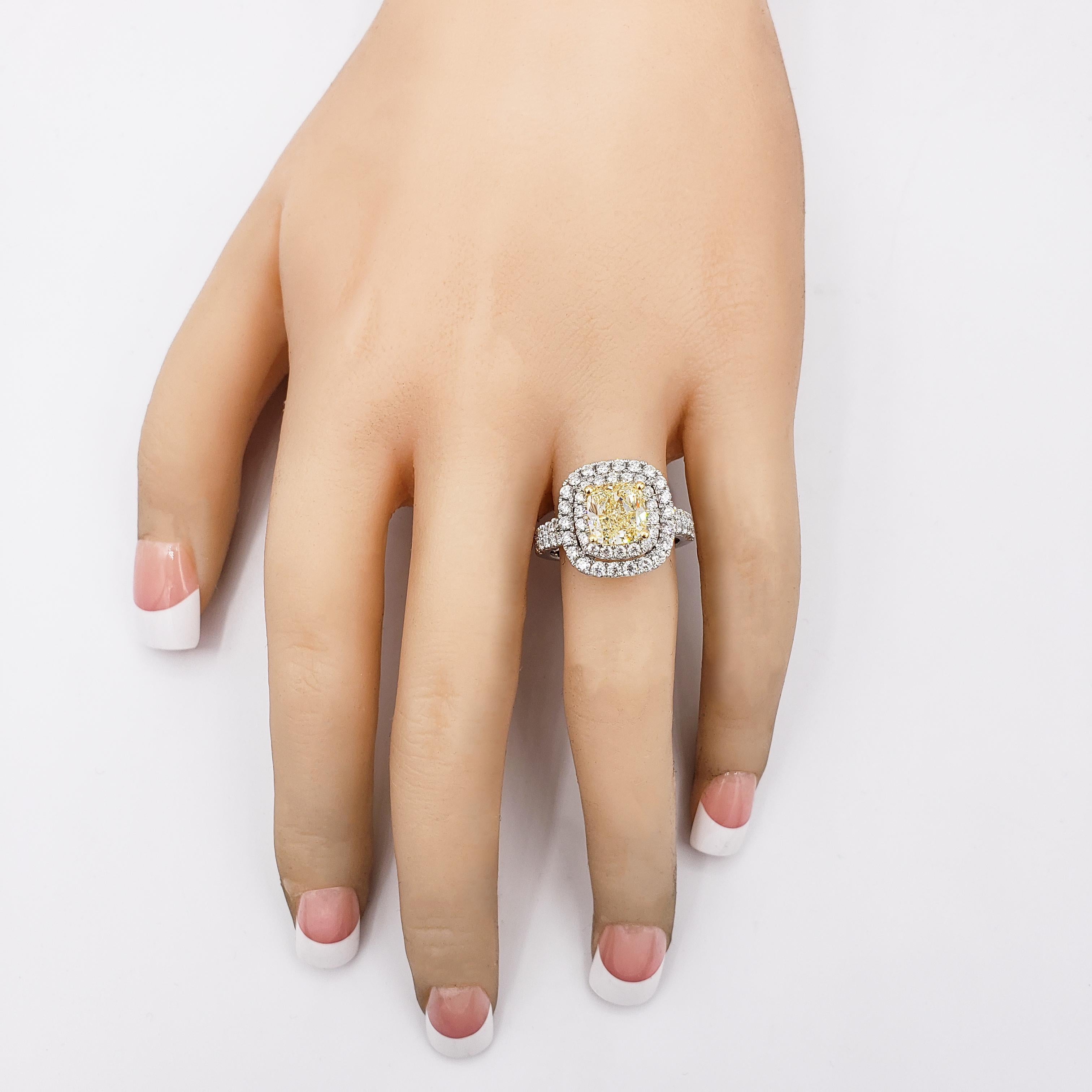 Cushion Cut Roman Malakov, Light Yellow Cushion Diamond Double Halo Engagement Ring For Sale