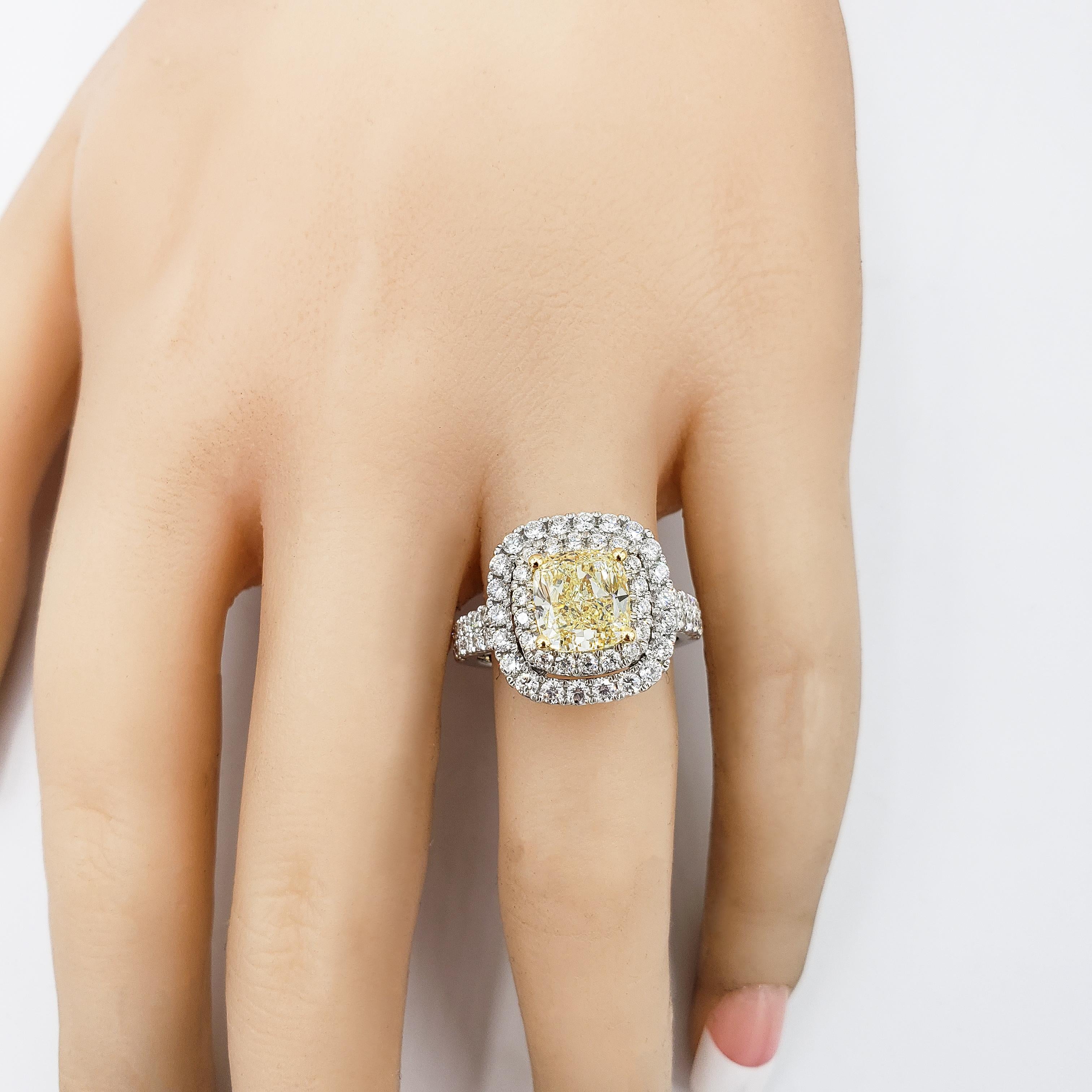 Roman Malakov, Light Yellow Cushion Diamond Double Halo Engagement Ring In New Condition For Sale In New York, NY