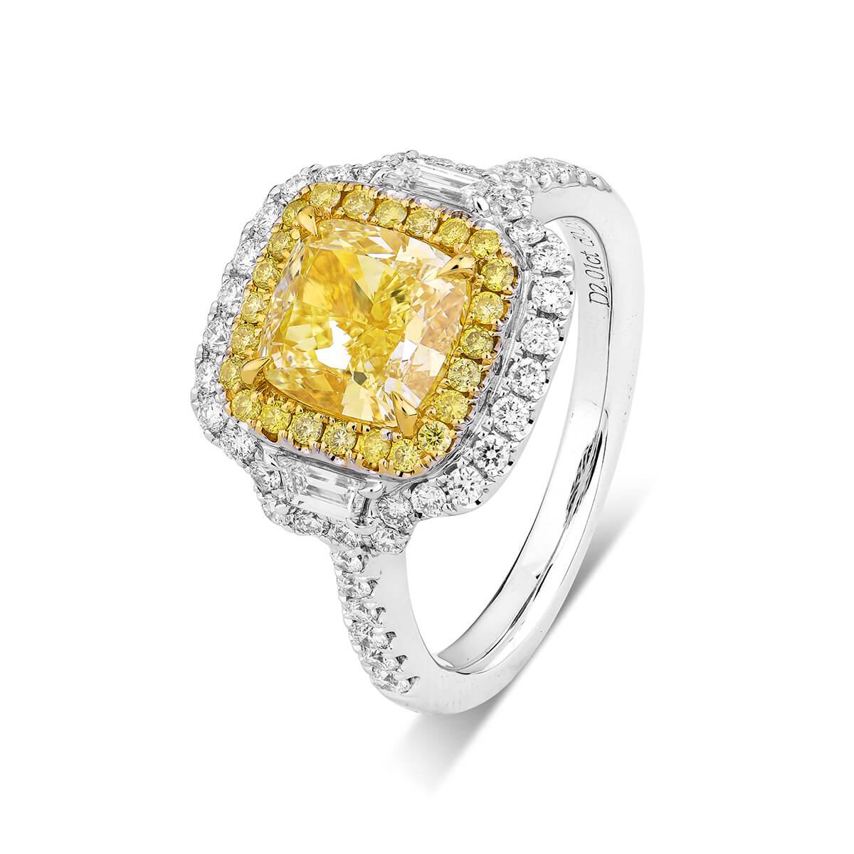 Natural Untreated Light Yellow Diamond ring surrounded by natural white diamonds making up a total carat weight of 2.75. Cushion Shape. This piece has been expertly crafted using 18 Karat White Gold. GIA certified. 
This piece can be resized