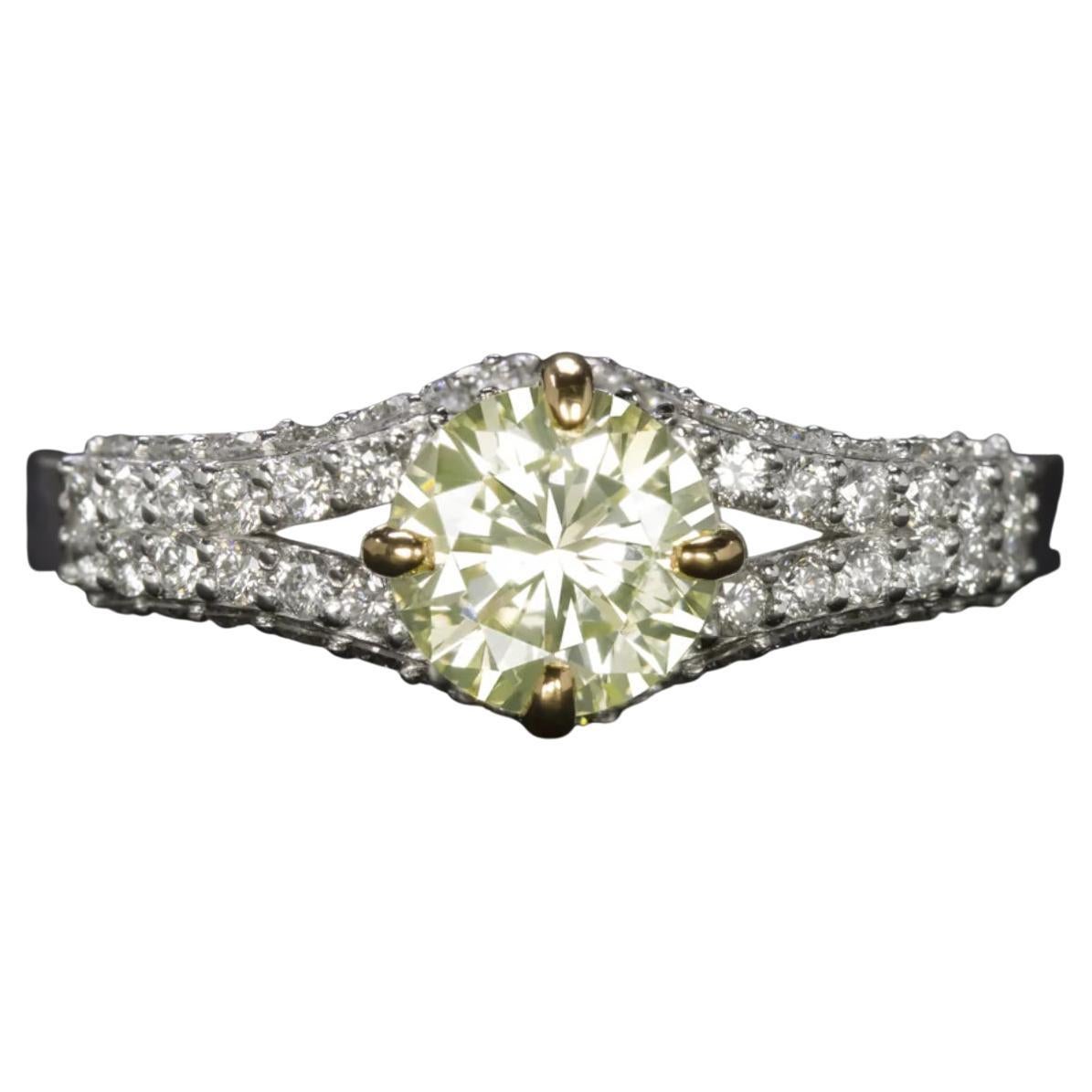 GIA Certified Light Yellow-Green Diamond Engagement Ring in 19K White Gold