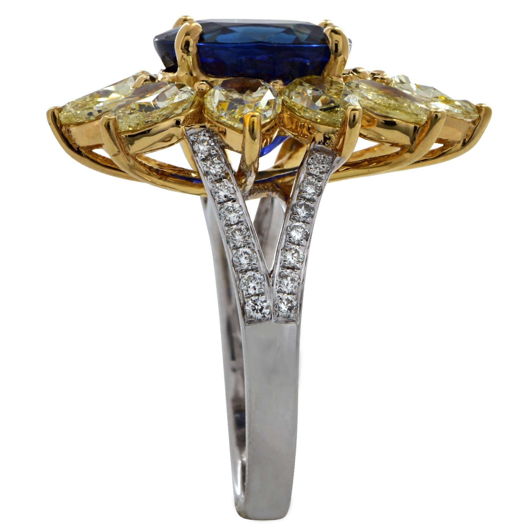 Oval Cut GIA Certified Madagascar Sapphire White and Fancy Yellow Diamond Ring