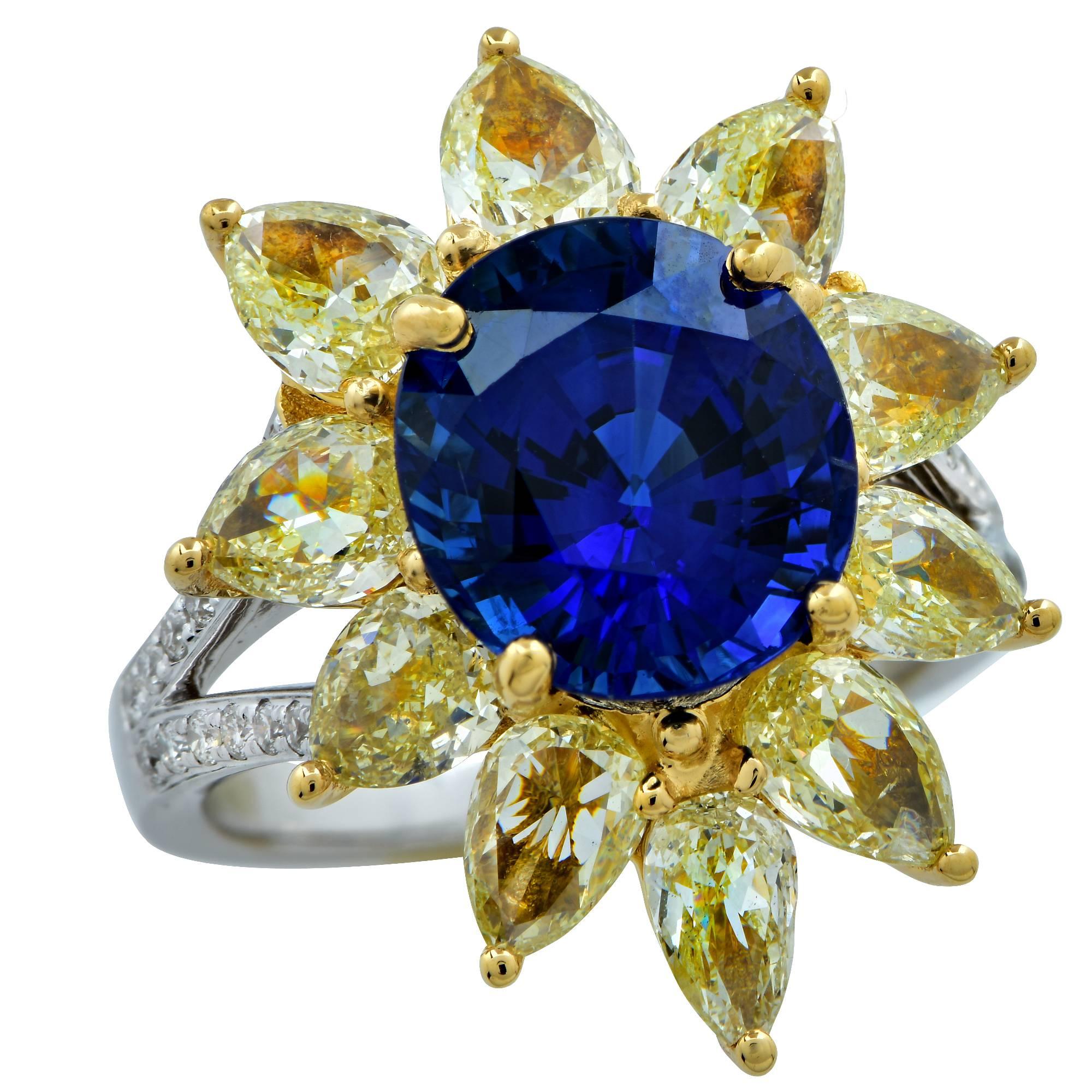 GIA Certified Madagascar Sapphire White and Fancy Yellow Diamond Ring