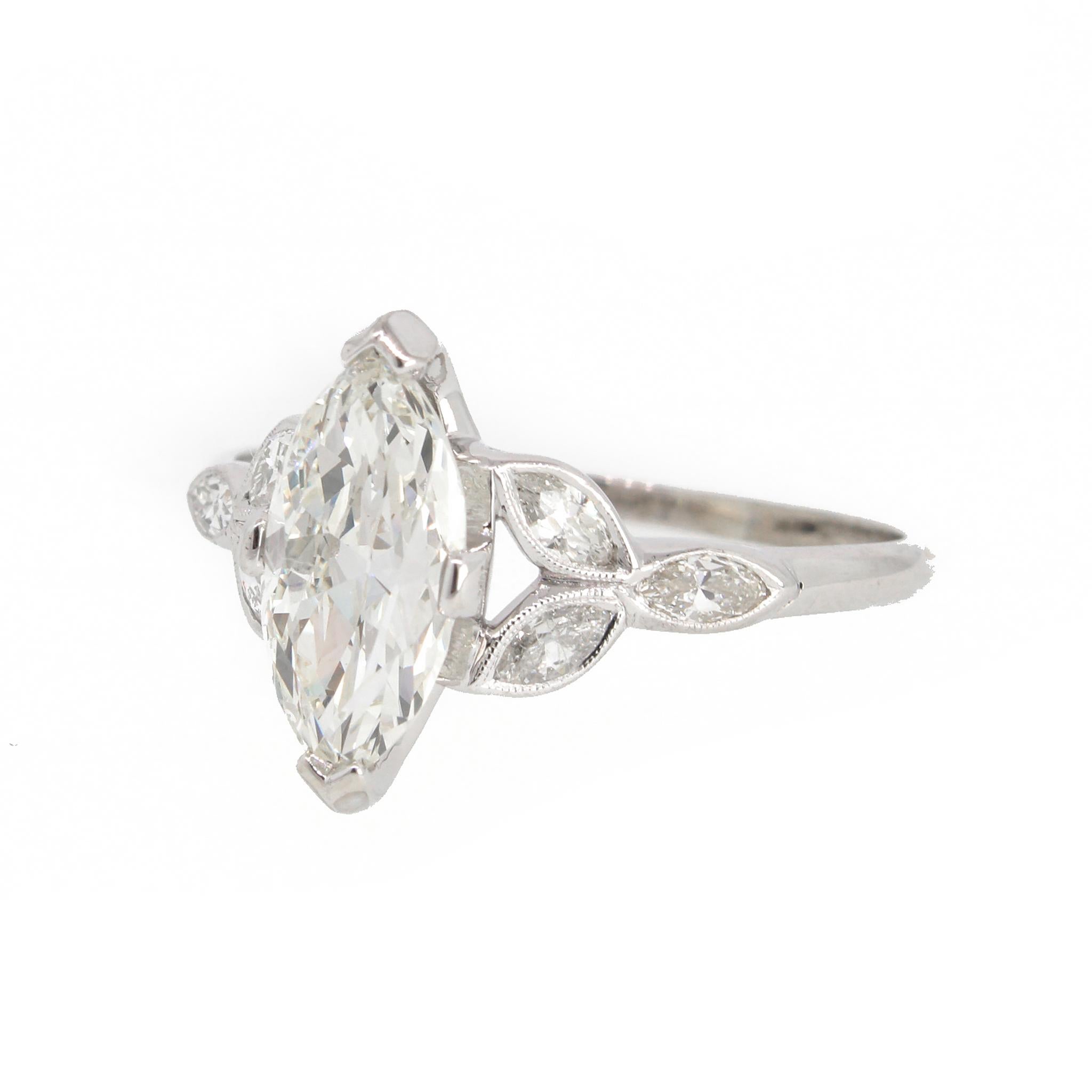 Platinum
GIA Report No. 1457885536
Marquise Cut Diamond: 1.39 ct
Color: J
Clarity: VS2
Ring Size: 8.5 (resizeable)