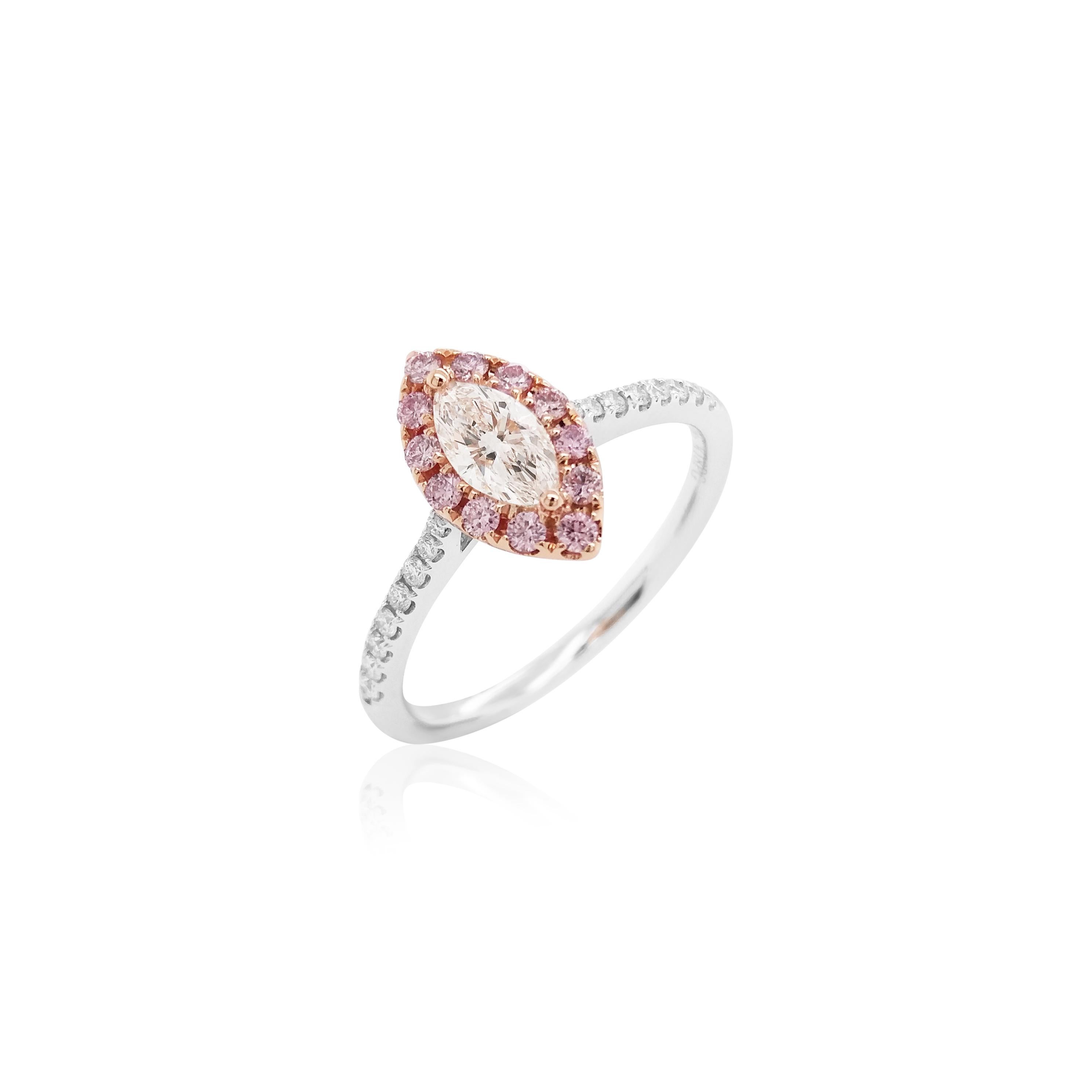 Art Déco Anello in oro 18 carati con diamante bianco e diamante rosa con taglio a marquise certificato GIA in vendita