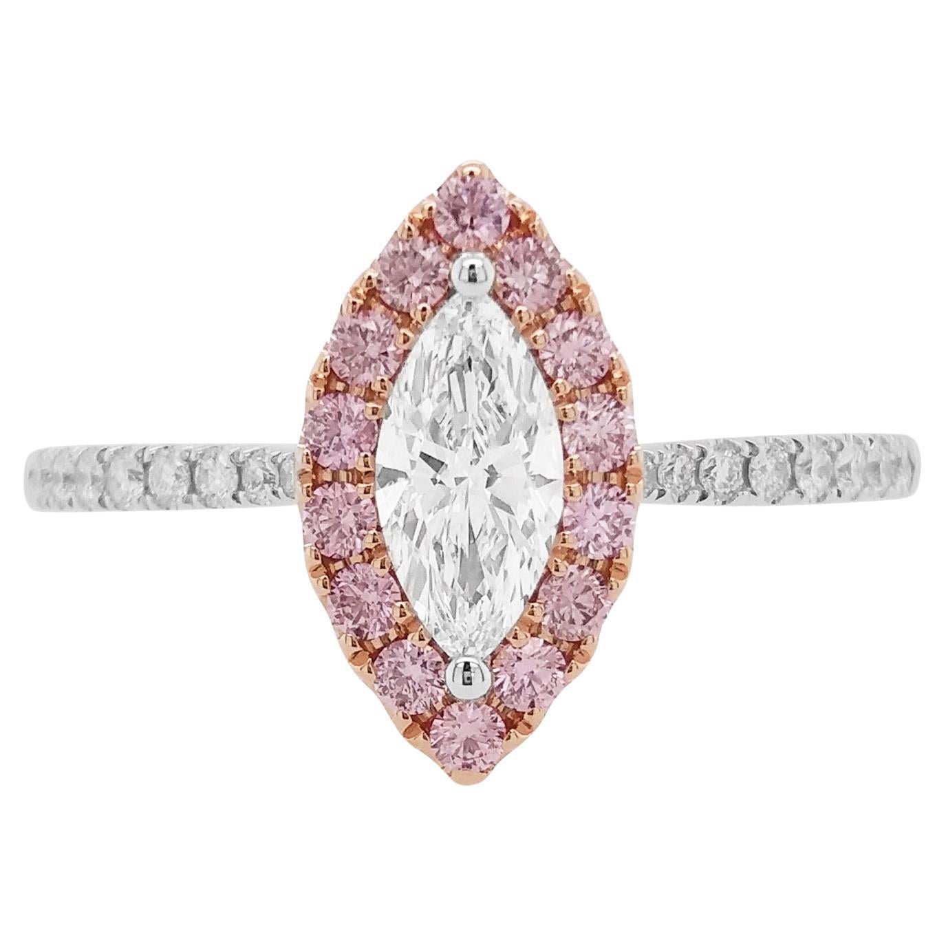 GIA certified Marquise cut White Diamond and Pink Diamond 18K Gold Ring