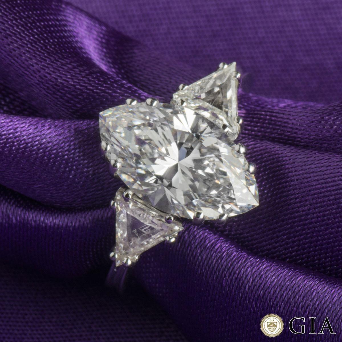 GIA Certified Marquise Diamond Three-Stone Engagement Ring 3.42 Carat D/VVS2 In Excellent Condition For Sale In London, GB