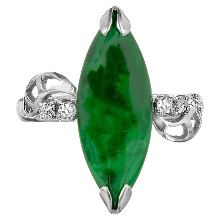 GIA Certified Marquise Natural Jadeite Jade Diamond Gold Cocktail Ring