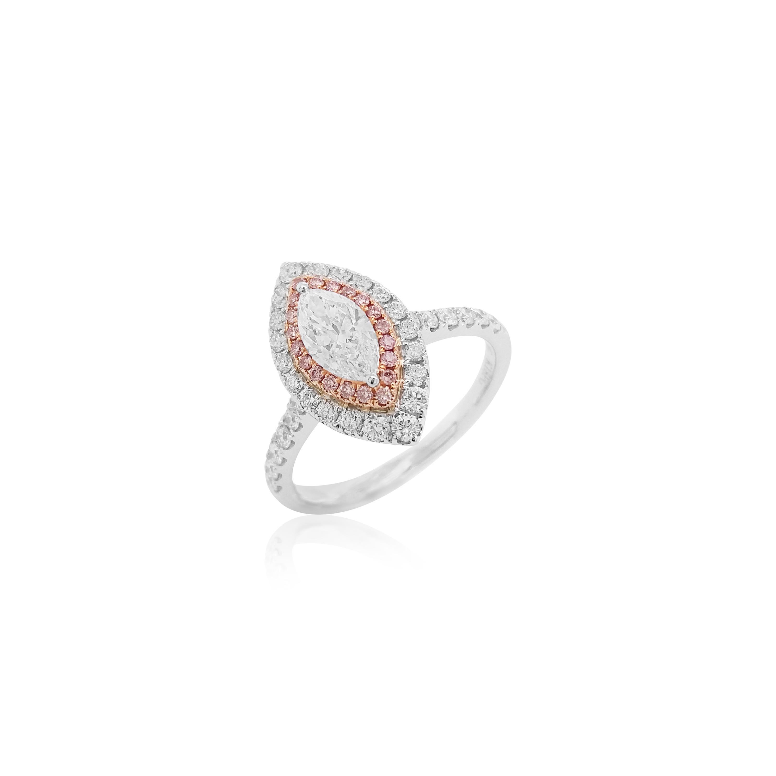 GIA-zertifizierter Ring mit Marquise aus weißem Naturdiamanten und Pink Diamond in 18 Karat Gold (Art déco) im Angebot