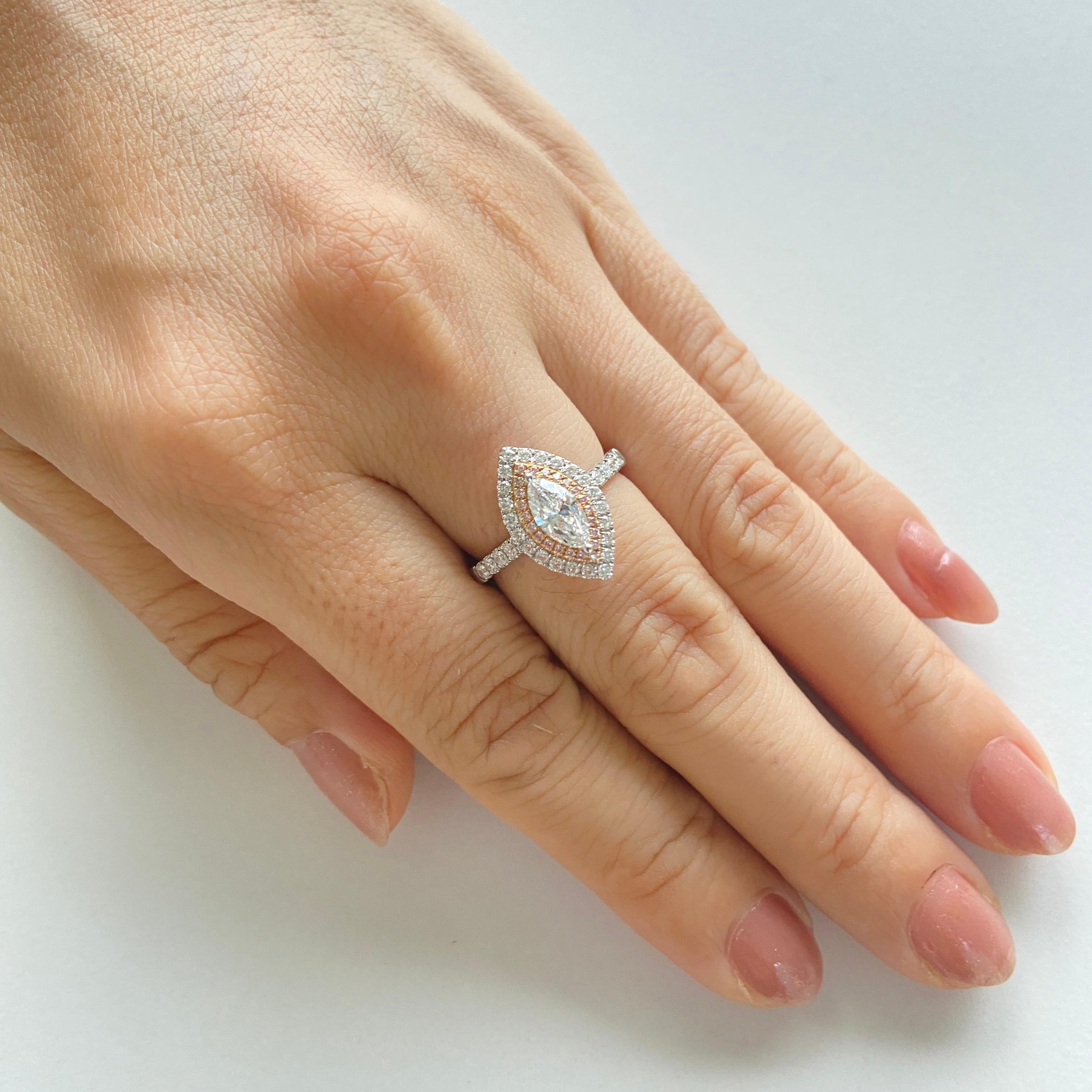 GIA-zertifizierter Ring mit Marquise aus weißem Naturdiamanten und Pink Diamond in 18 Karat Gold (Marquiseschliff) im Angebot