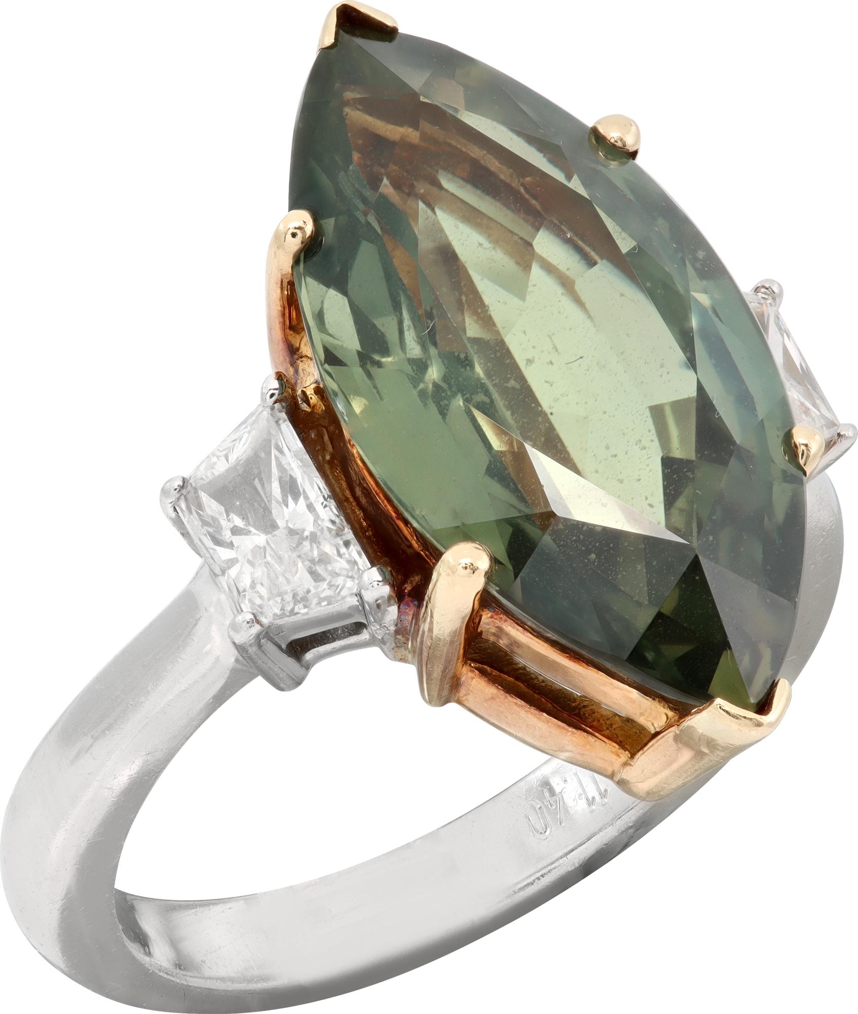 Marquise Cut GIA Certified Marquise Sapphire and Diamond Platinum and Yellow Gold Ring For Sale