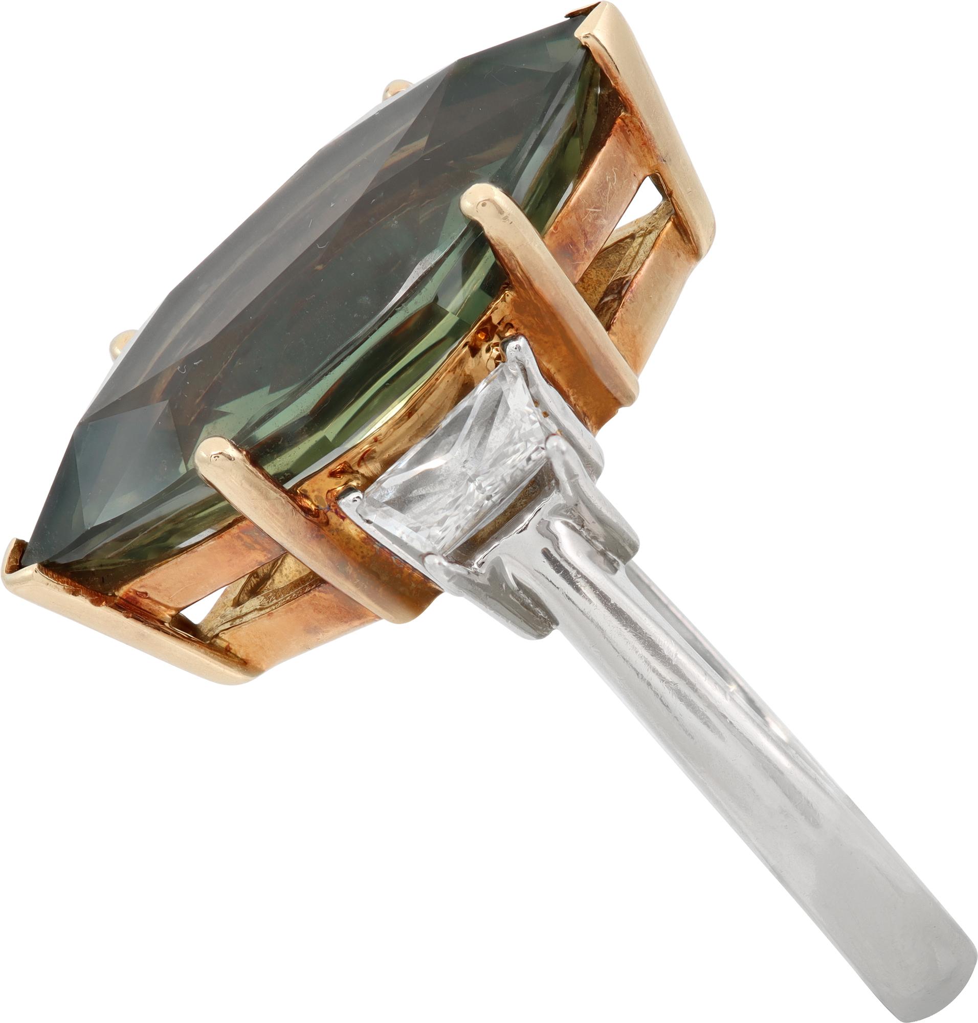 GIA Certified Marquise Sapphire and Diamond Platinum and Yellow Gold Ring In Excellent Condition For Sale In Surfside, FL