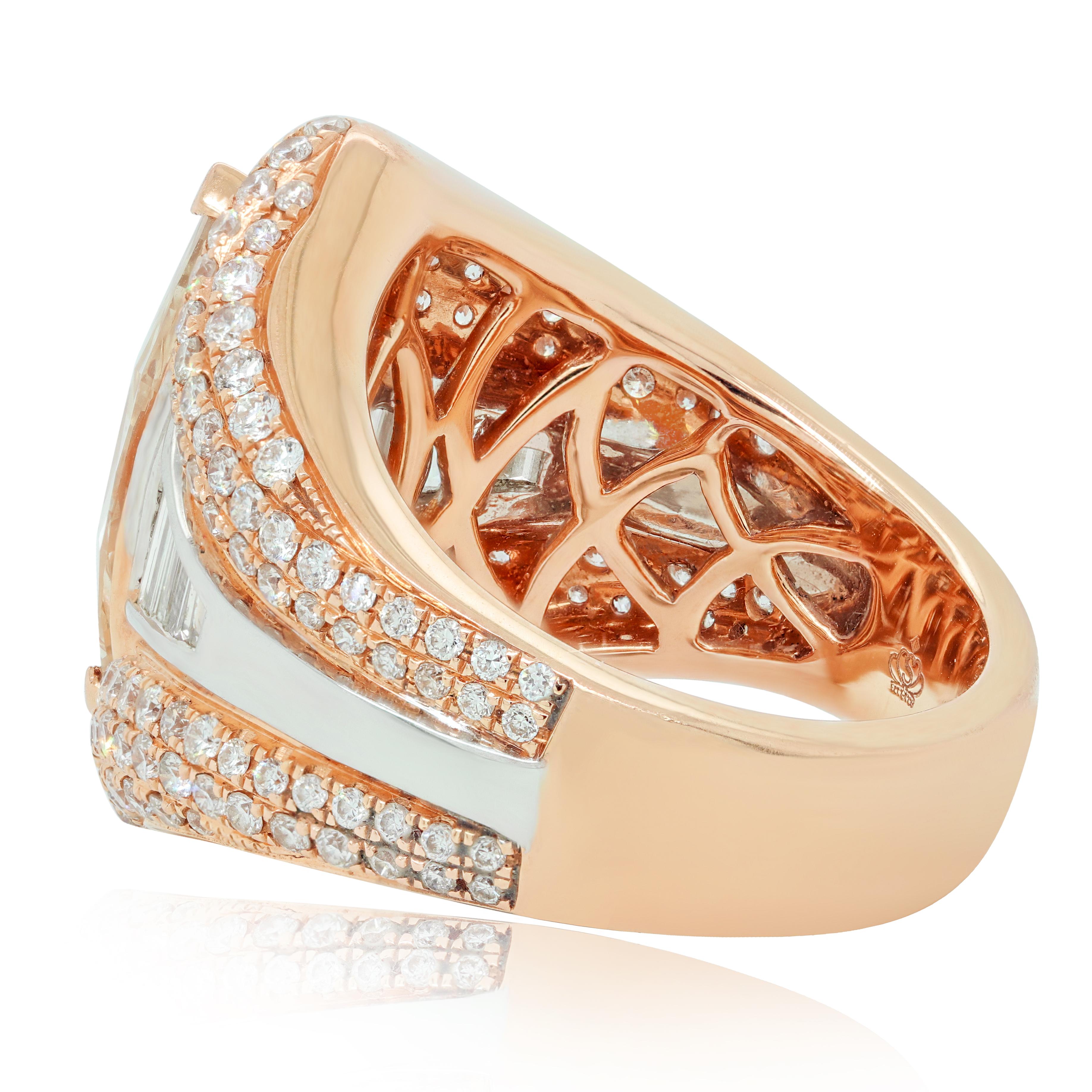 18K Rose Gold Marquise Shape diamond fashion ring, features 2.05 Carats Fancy Brown Yellow set with 3.00 carats baguette and round brilliant cut diamonds. 
