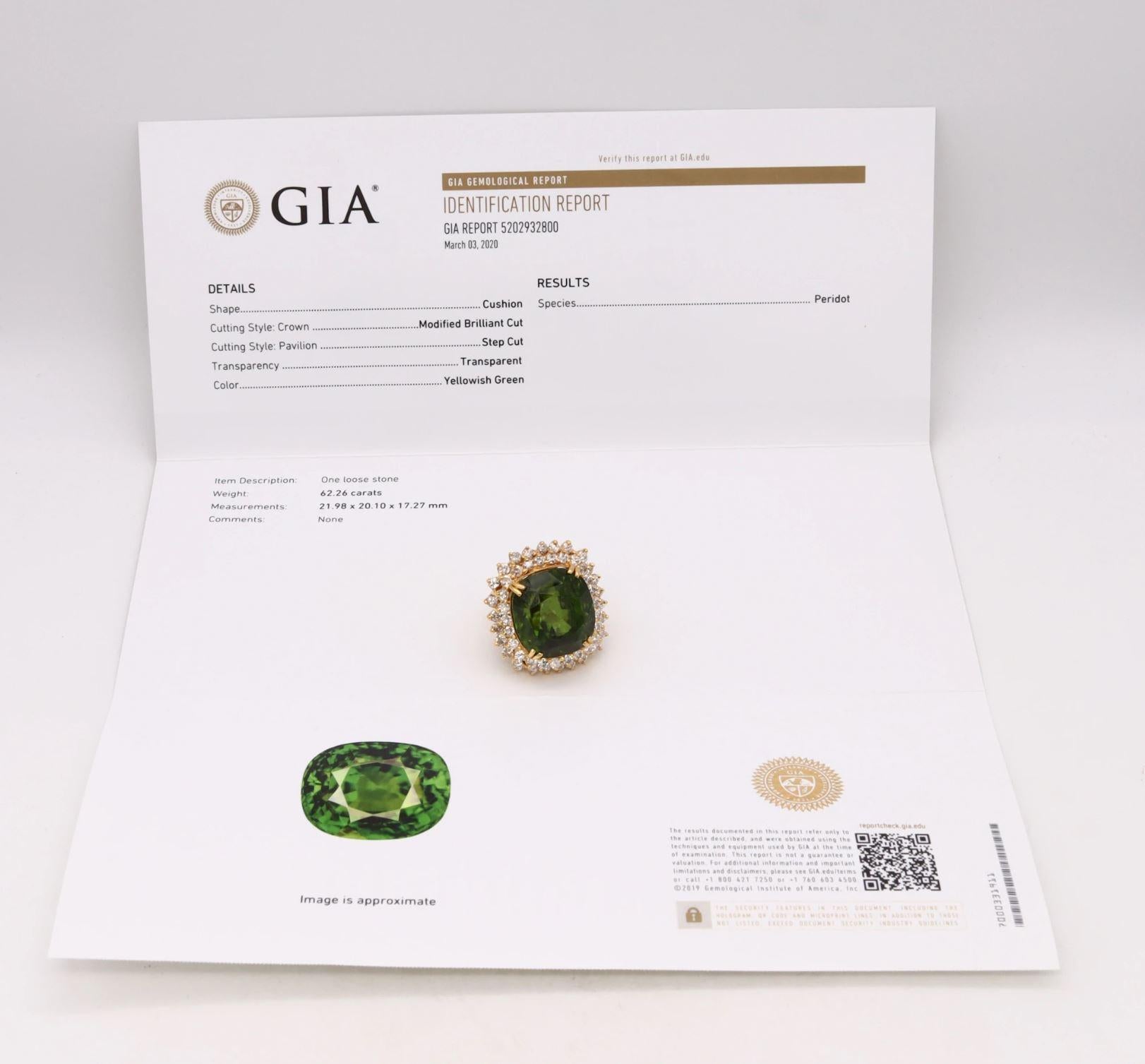 Cushion Cut Gia Certified Massive Cocktail Ring In 18Kt With 67.79 Cts In Peridot & Diamonds For Sale