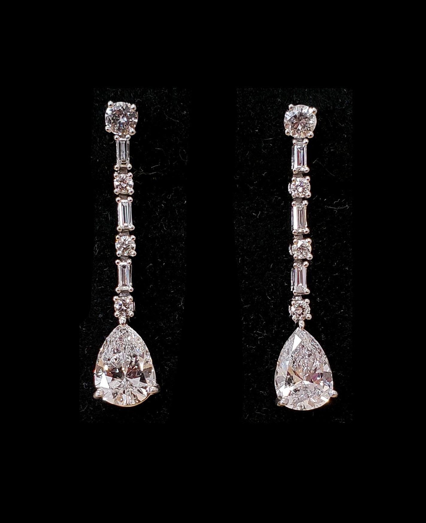 Pear Cut GIA Certified Matching Pear Shape Diamond Earring Drops, 1.44 and 1.37 each