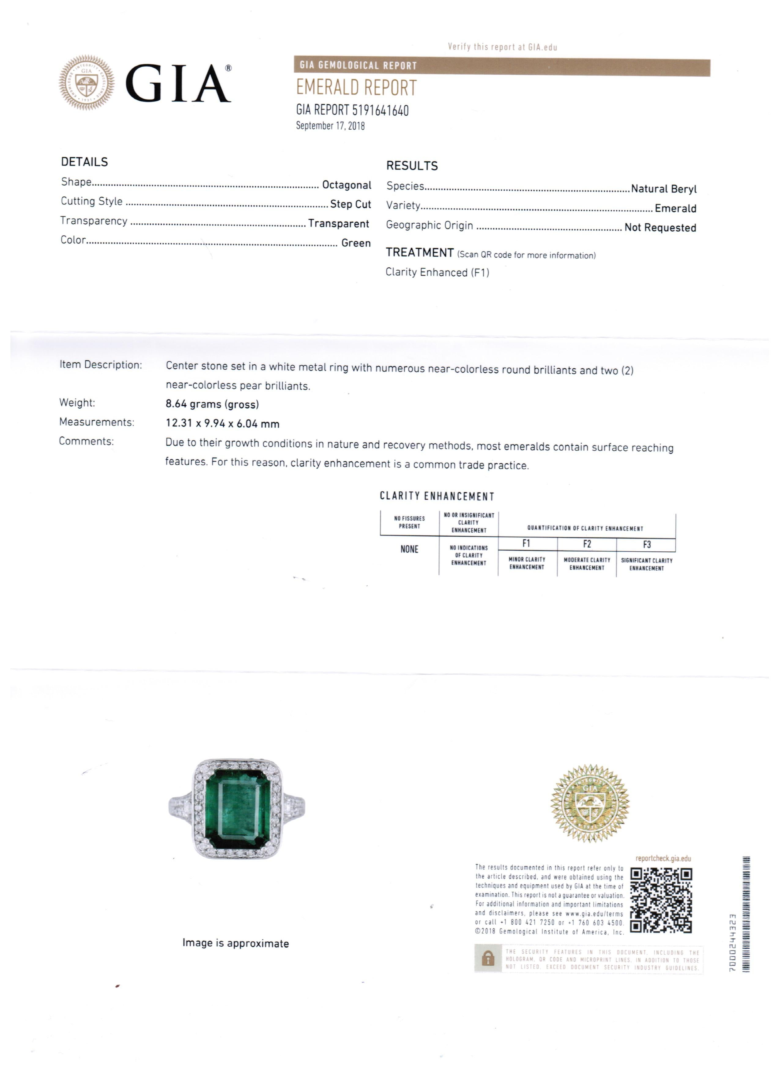 GIA Certified Minor 6.30 Carat Emerald Diamond Halo Gold Bridal Cocktail Ring 5
