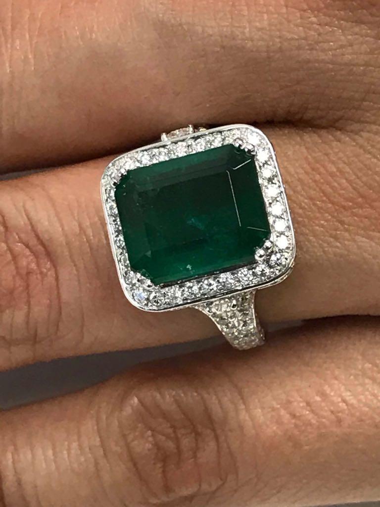Emerald Cut GIA Certified Minor 6.30 Carat Emerald Diamond Halo Gold Bridal Cocktail Ring