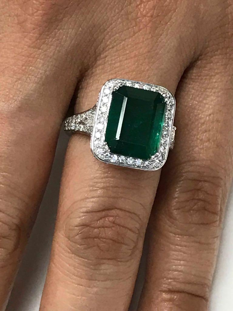 Modern GIA Certified Minor 6.30 Carat Emerald Diamond Halo Gold Bridal Cocktail Ring
