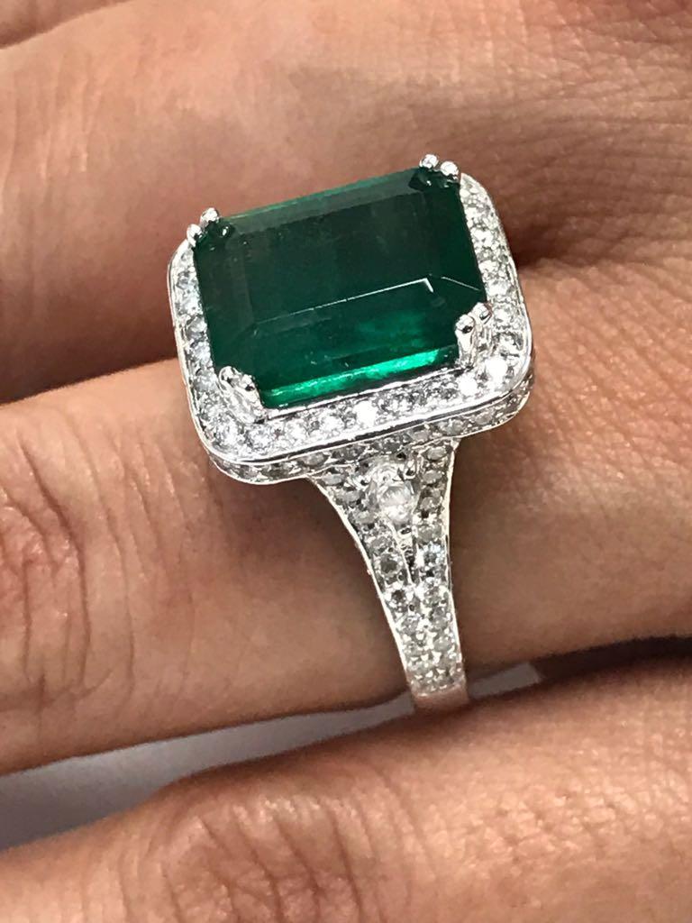 GIA Certified Minor 6.30 Carat Emerald Diamond Halo Gold Bridal Cocktail Ring 1