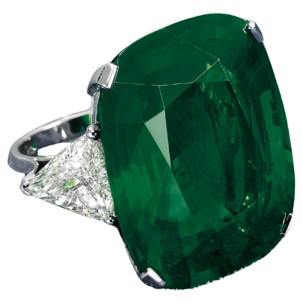This stunning ring features a certified natural emerald weighing 14 carats, complemented by elegant trapeze-cut diamonds on either side. The vibrant green of the emerald is beautifully highlighted by the sleek setting, creating a captivating and