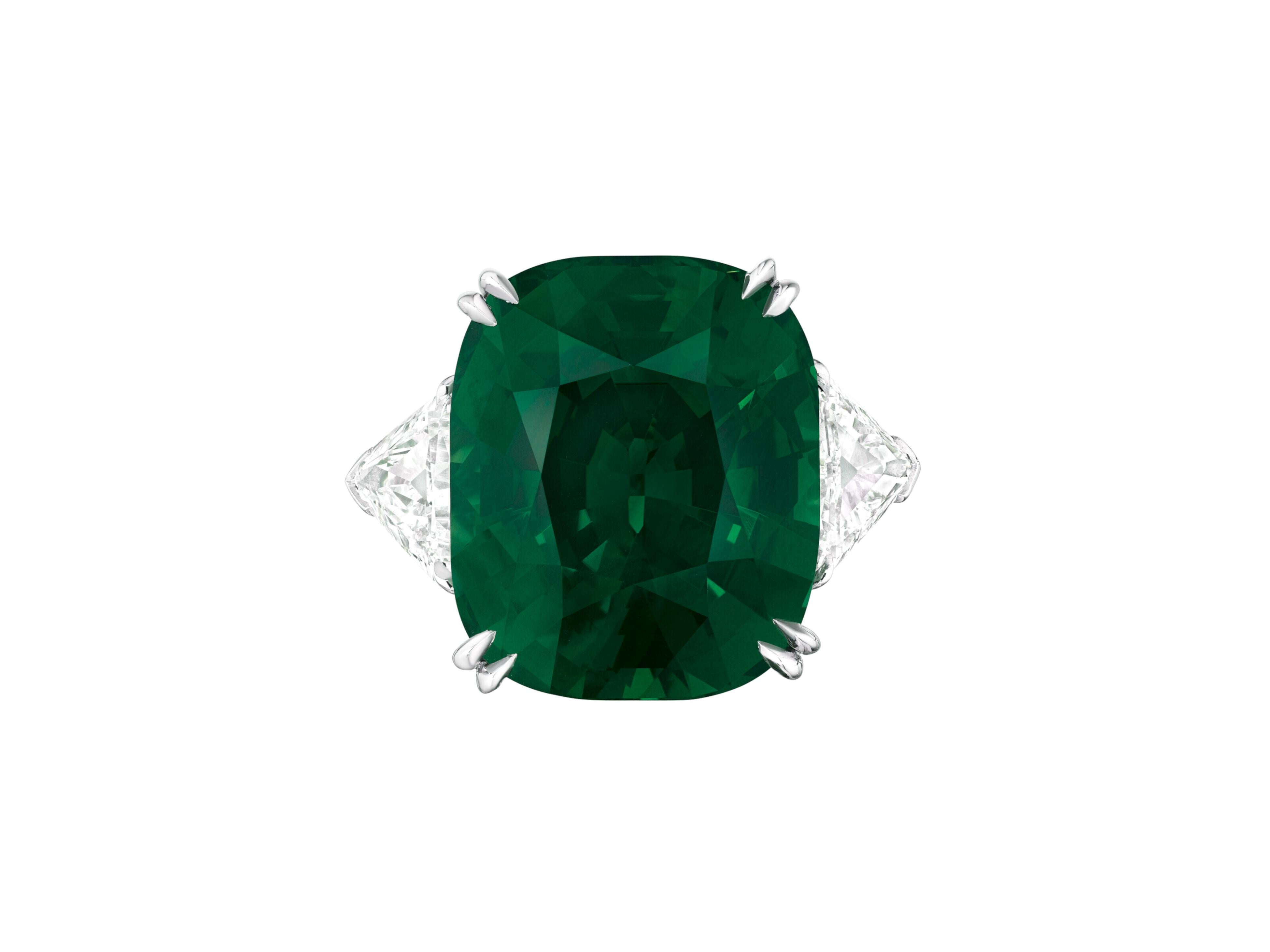 Contemporary GIA Certified Minor Oil 9.80 Carat Cushion Green Emerald Trapezoid Ring For Sale