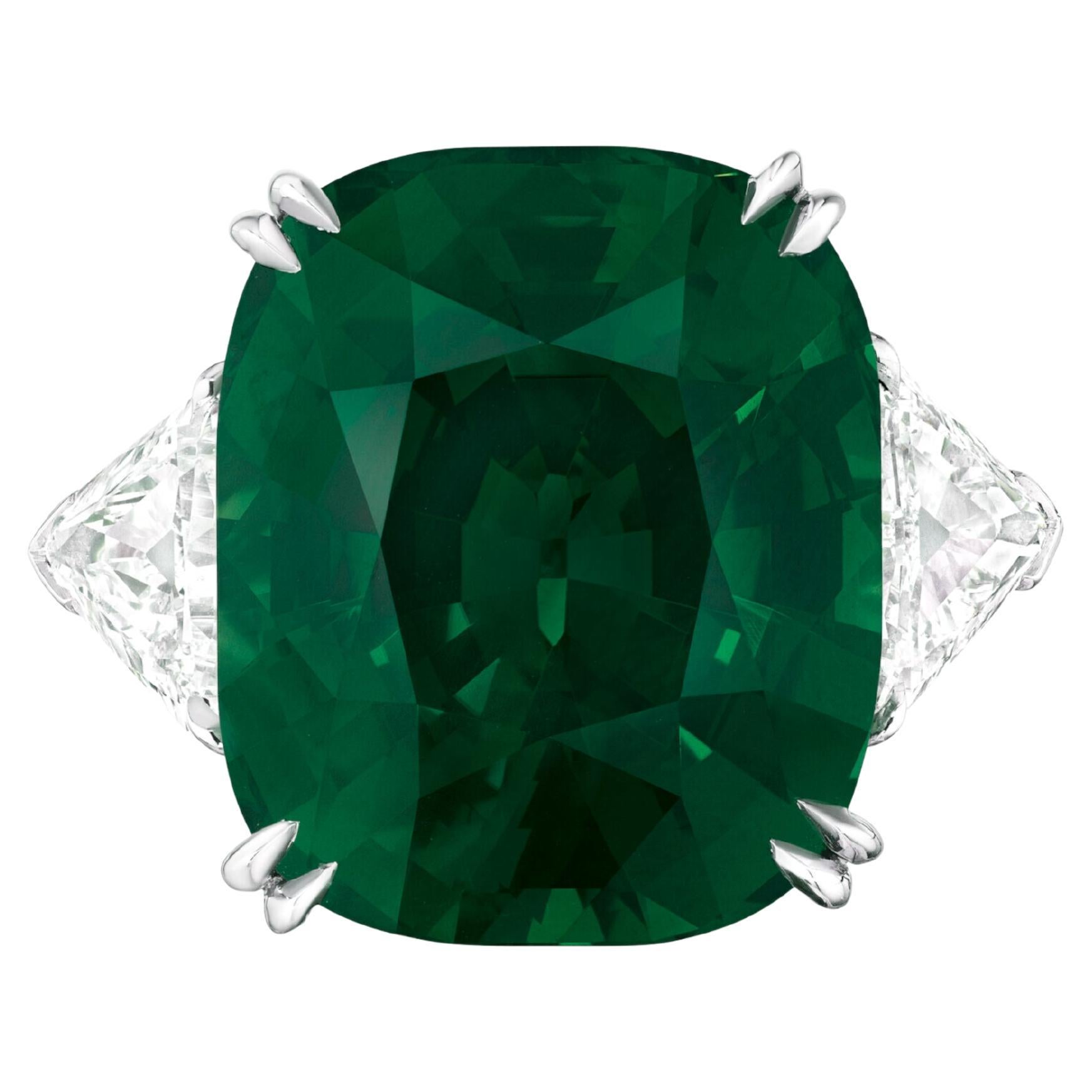 GIA Certified Minor Oil 9.80 Carat Cushion Green Emerald Trapezoid Ring