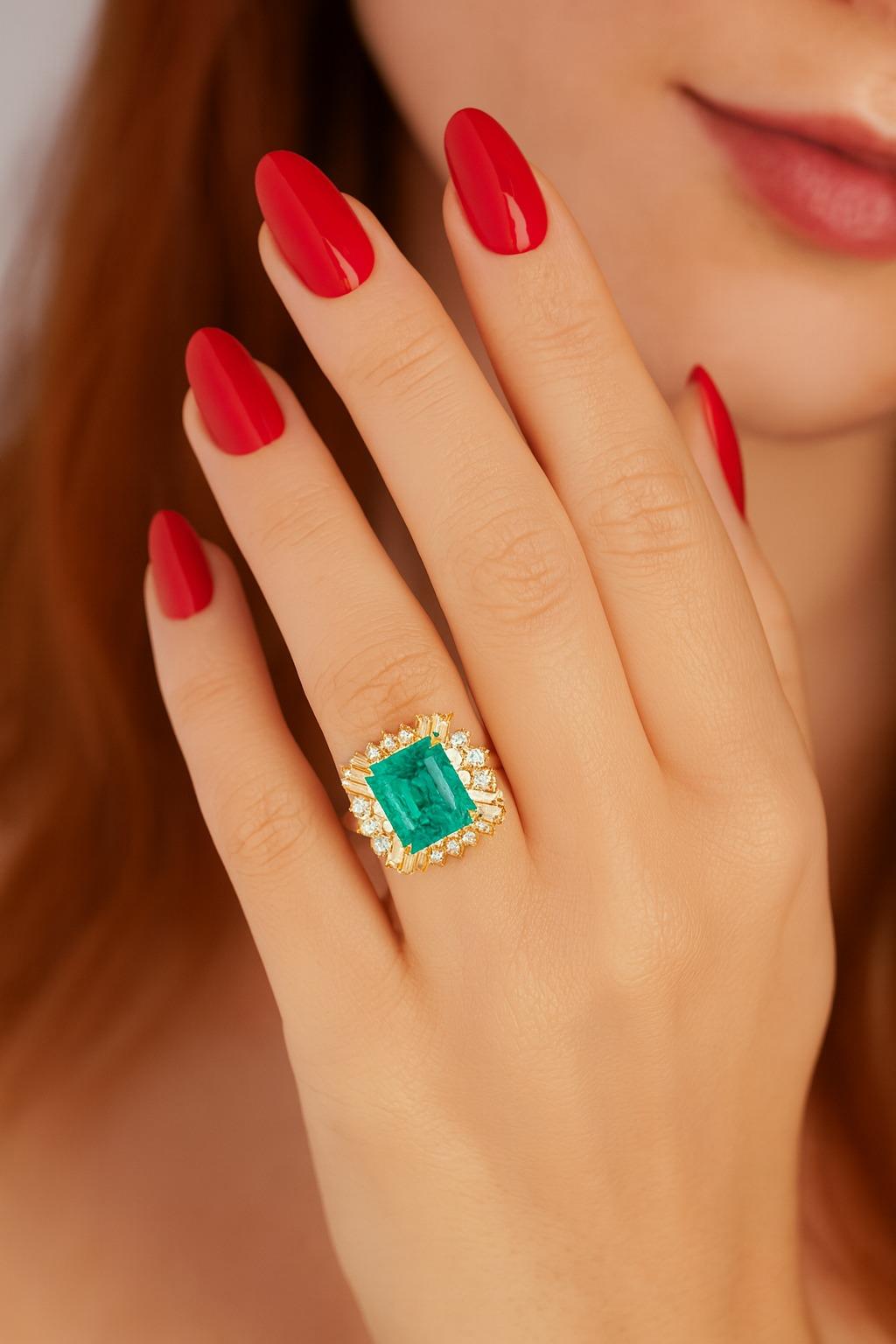 Anello di fidanzamento con smeraldo colombiano certificato GIA Minor Oil In condizioni ottime in vendita a Chicago, IL