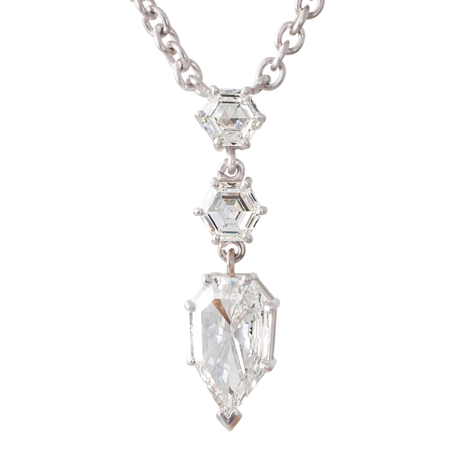 GIA Certified Modified Pear Cut and Hexagonal Diamond Drop Pendant Necklace For Sale