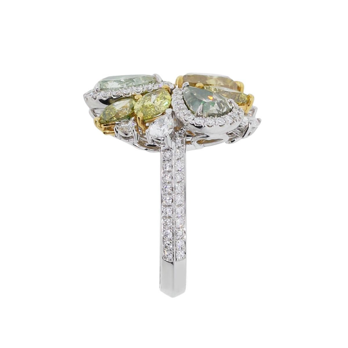 Pear Cut GIA Certified Multi Color Diamond Floral Cocktail Ring