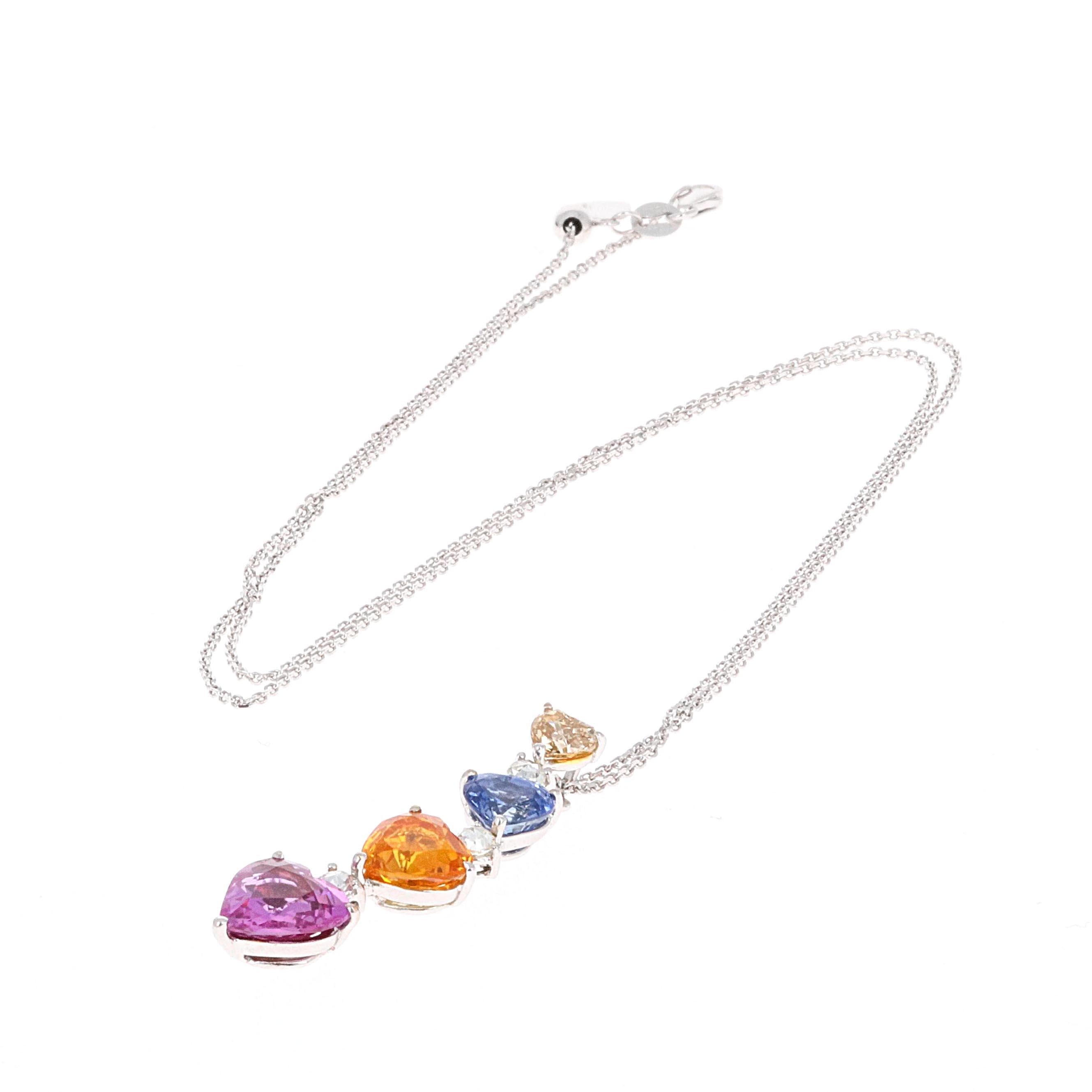 Modern GIA Certified Multi-Color Heart Sapphire and Diamond Pendant Drop Necklace