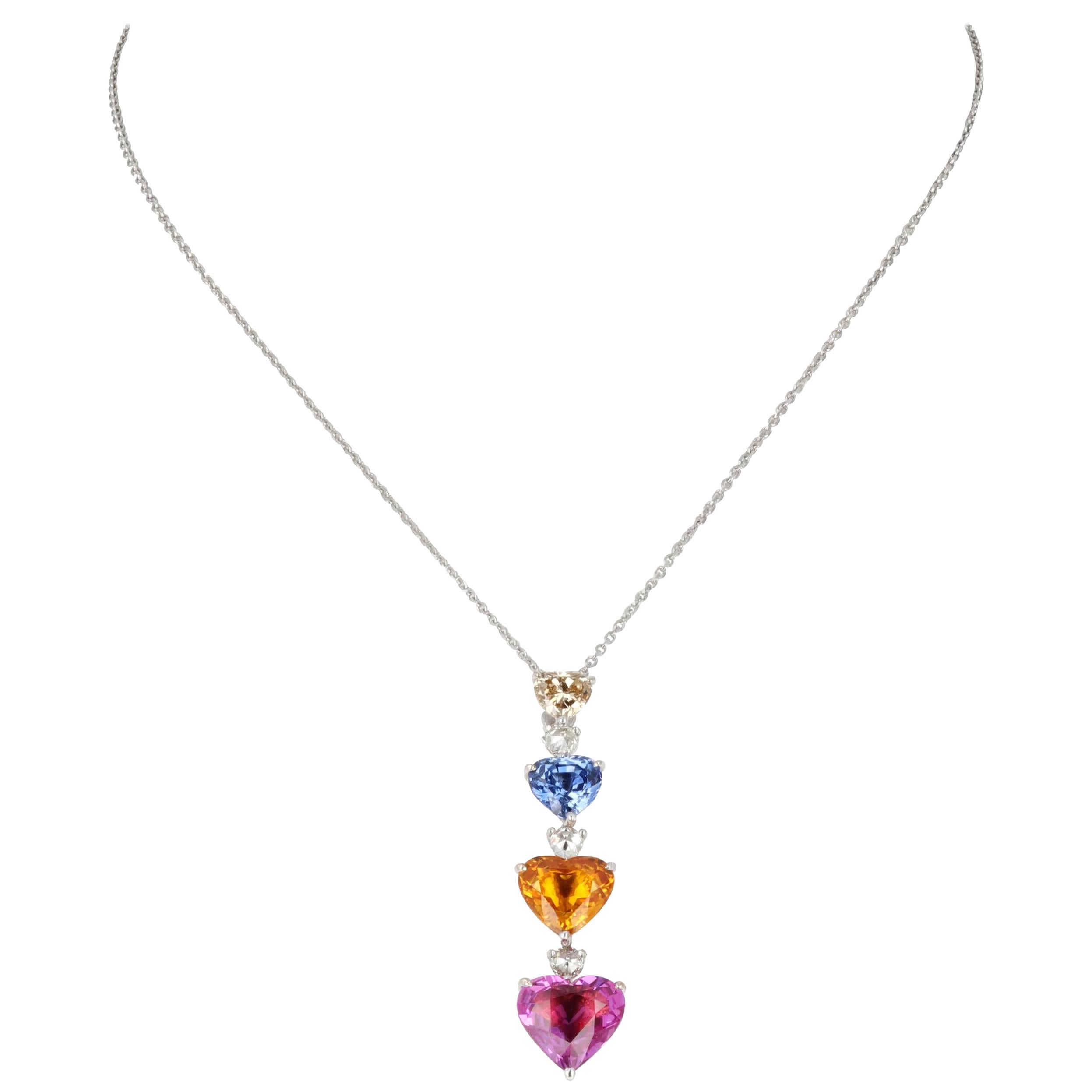 GIA Certified Multi-Color Heart Sapphire and Diamond Pendant Drop Necklace