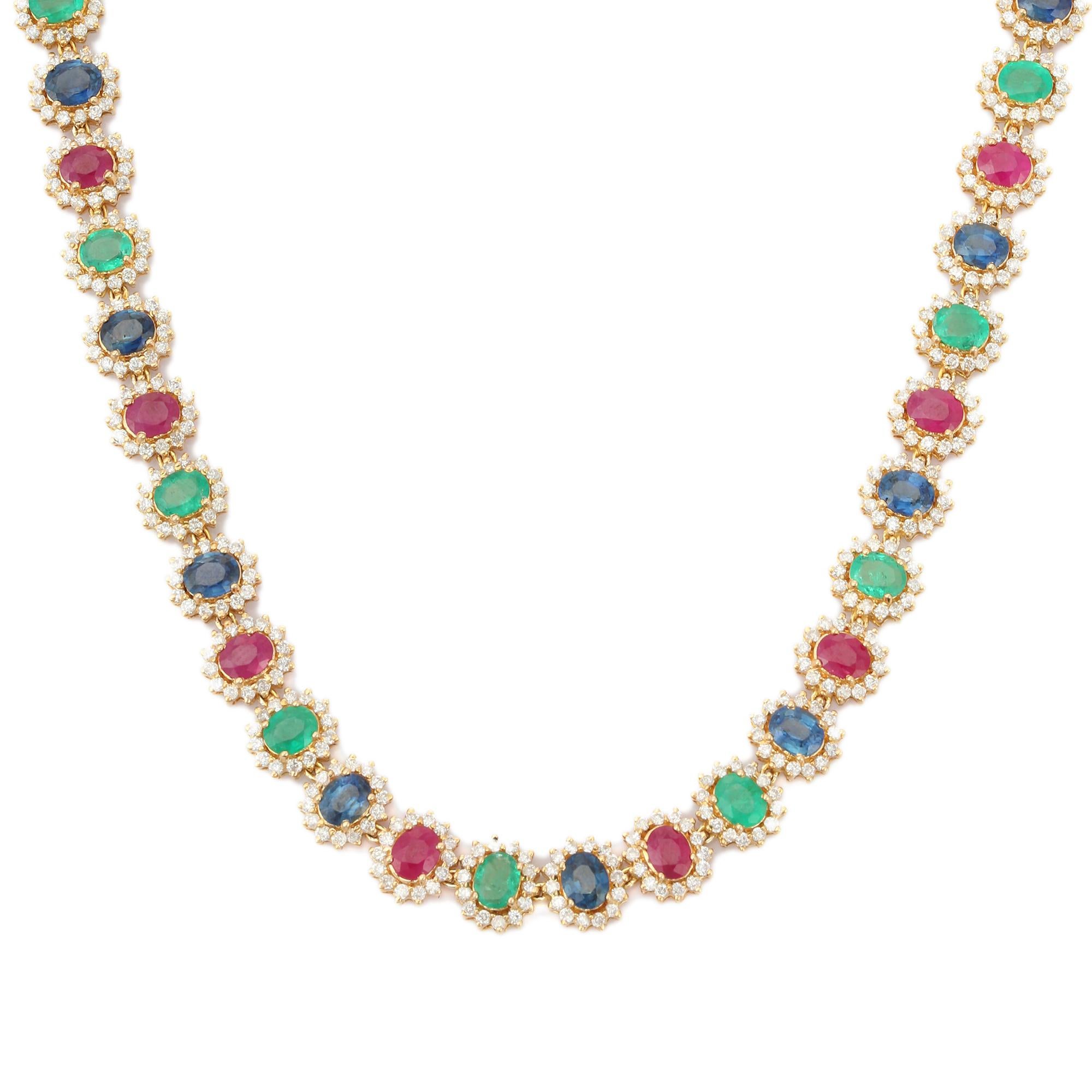 Modern Certified Multi Gemstone Wedding Necklace with Diamonds in 18K Yellow Gold  For Sale