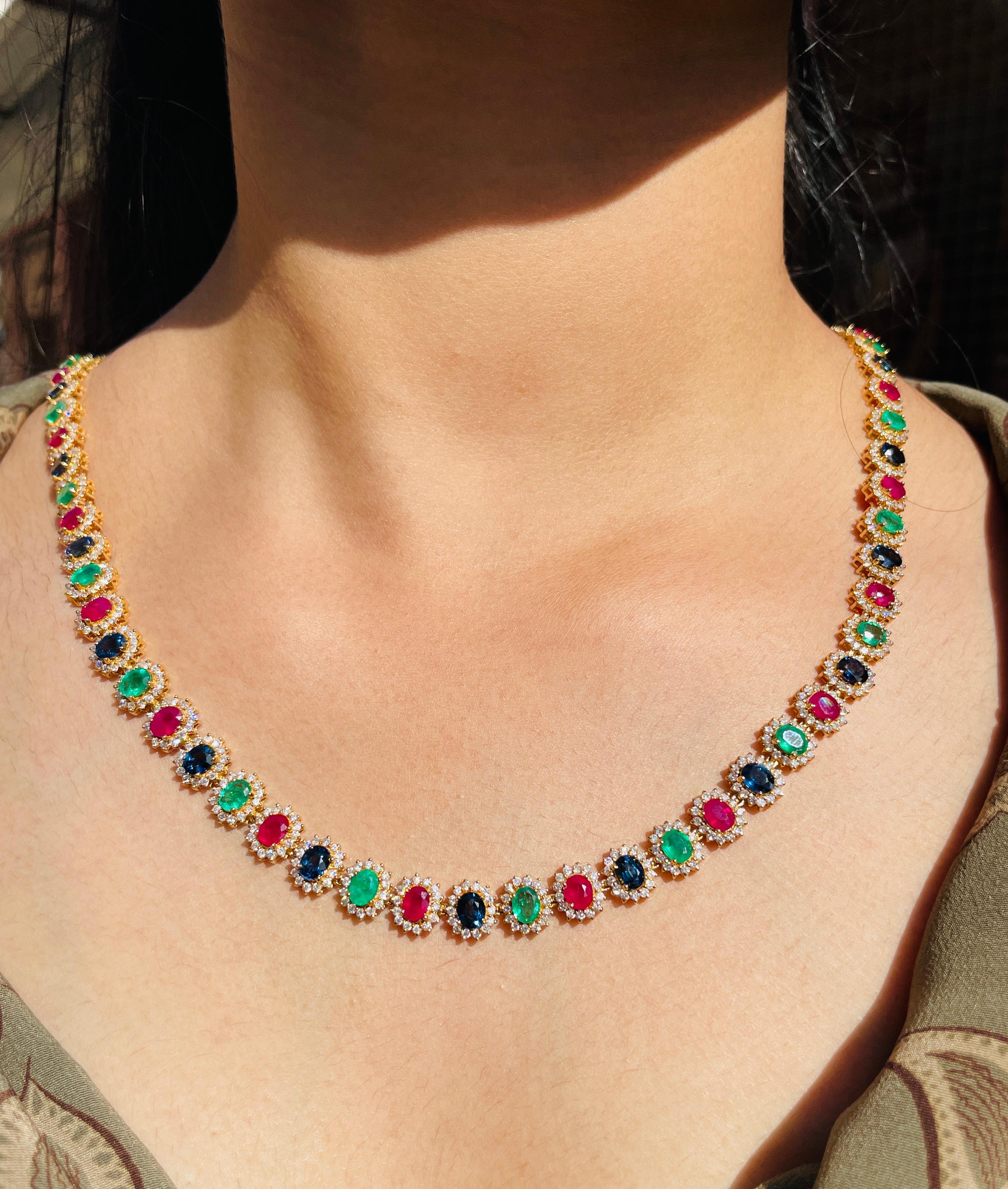 Round Cut Certified Multi Gemstone Wedding Necklace with Diamonds in 18K Yellow Gold  For Sale