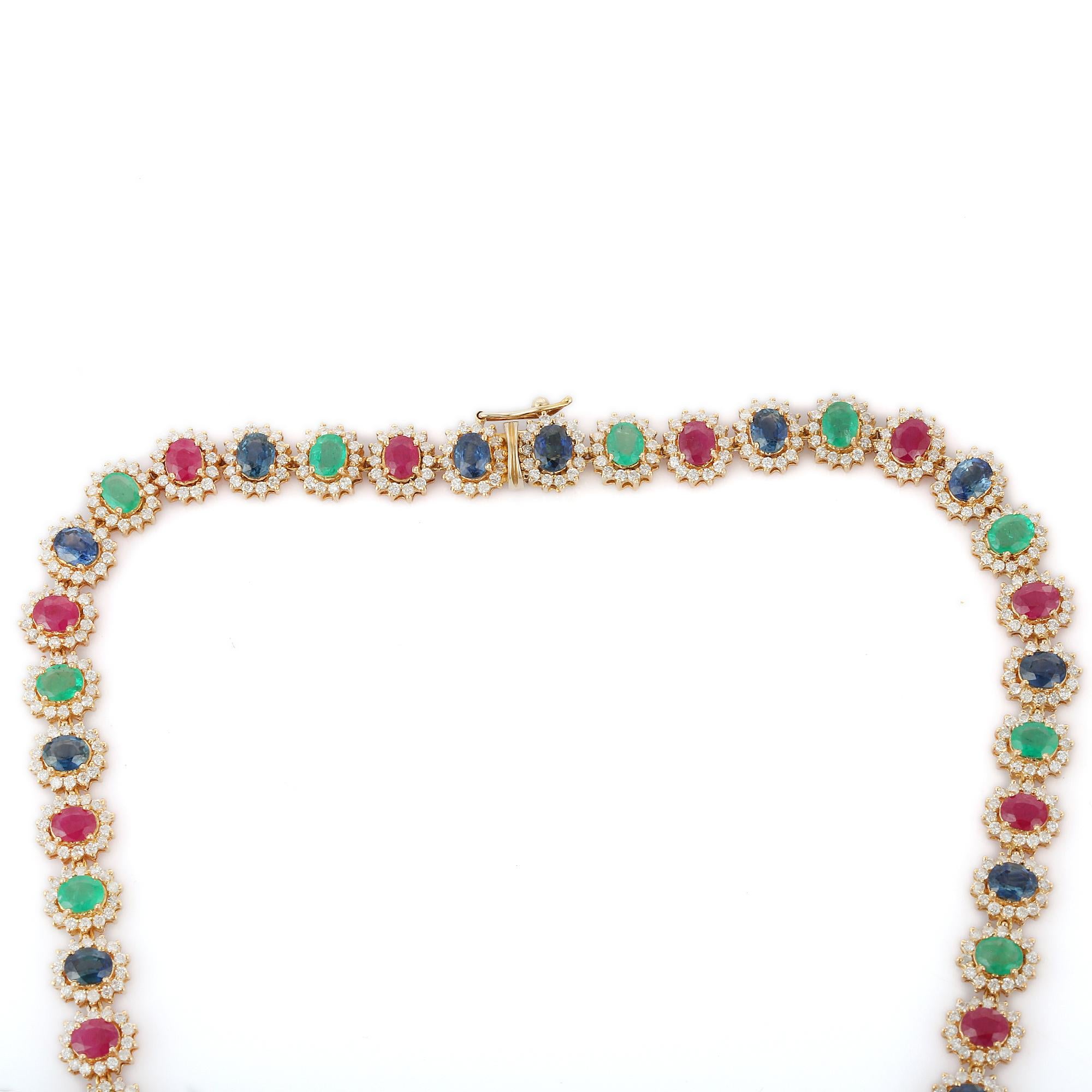 Certified Multi Gemstone Wedding Necklace with Diamonds in 18K Yellow Gold  In New Condition For Sale In Houston, TX
