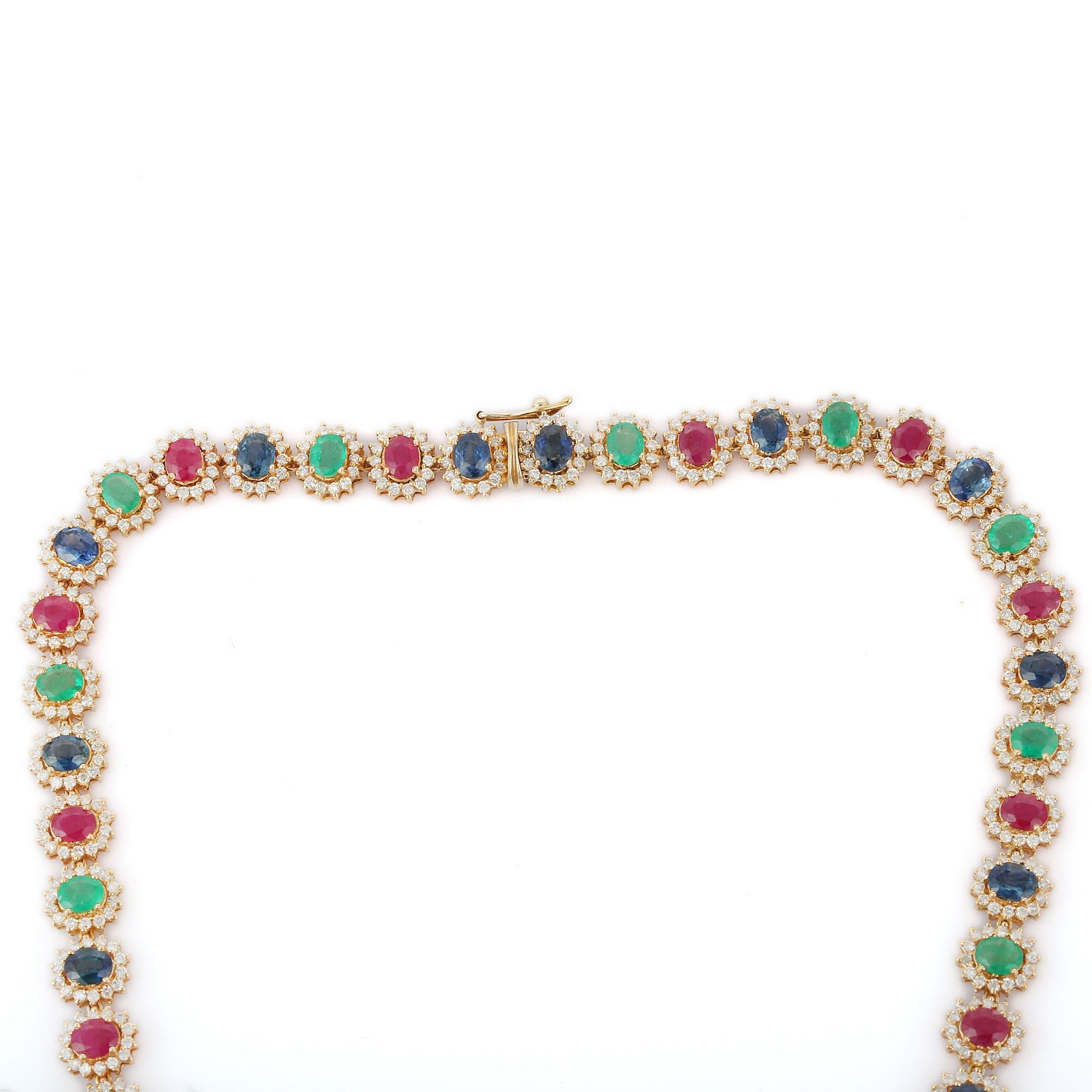 Certified Multi Gemstone Wedding Necklace with Diamonds in 18K Yellow Gold In New Condition For Sale In New York, NY