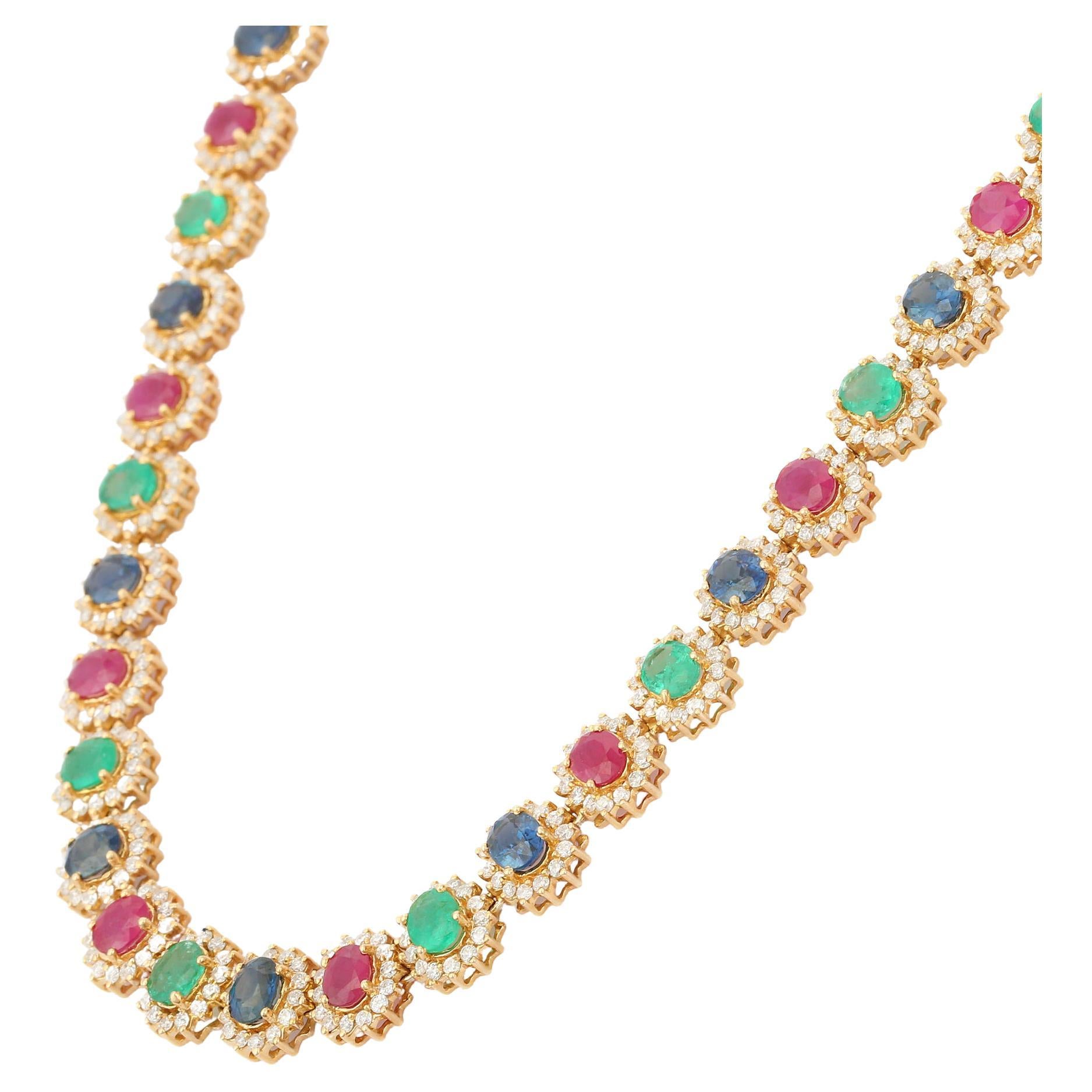 Certified Multi Gemstone Wedding Necklace with Diamonds in 18K Yellow Gold  For Sale