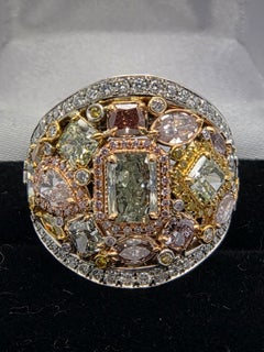 GIA Certified Multicolor Diamond Ring with Fancy Yellow, Green, and Pink Diamond