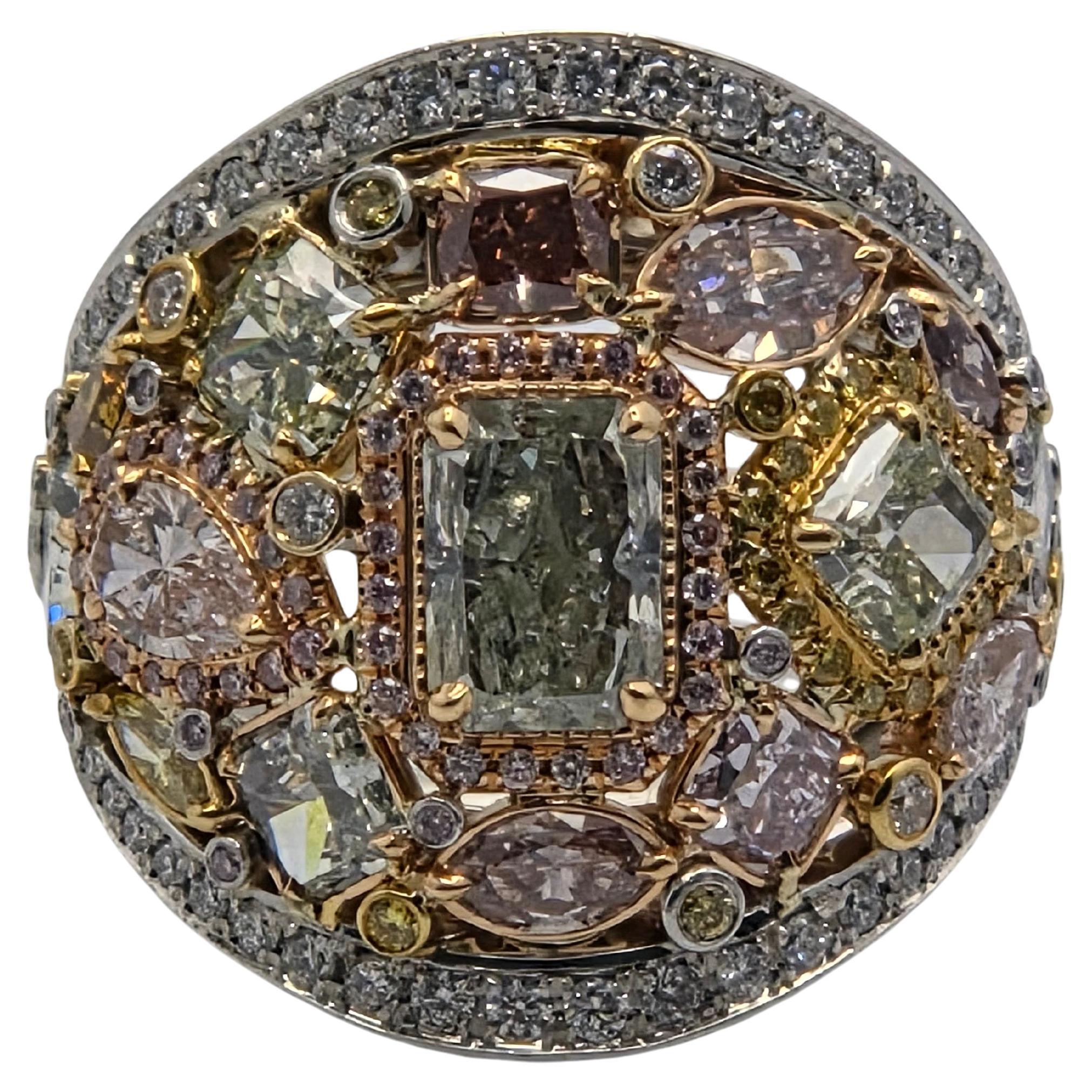 GIA Certified Multicolor Diamond Ring with Fancy Yellow, Green, and Pink Diamond