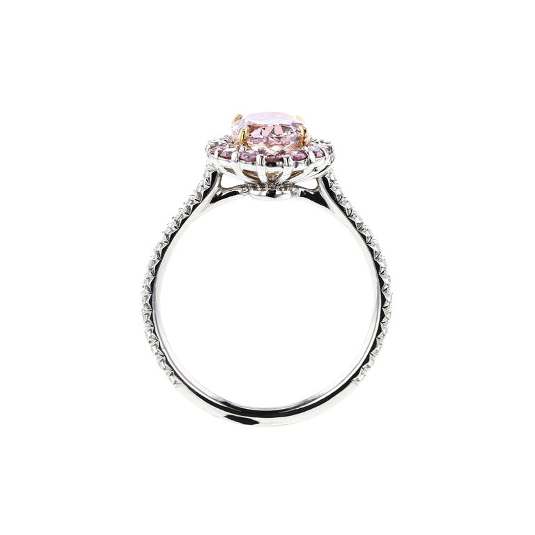 Contemporary GIA Certified Natural 1 Carat Fancy Purplish Pink Diamond Halo Platinum Ring For Sale