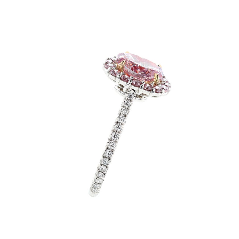 Oval Cut GIA Certified Natural 1 Carat Fancy Purplish Pink Diamond Halo Platinum Ring For Sale