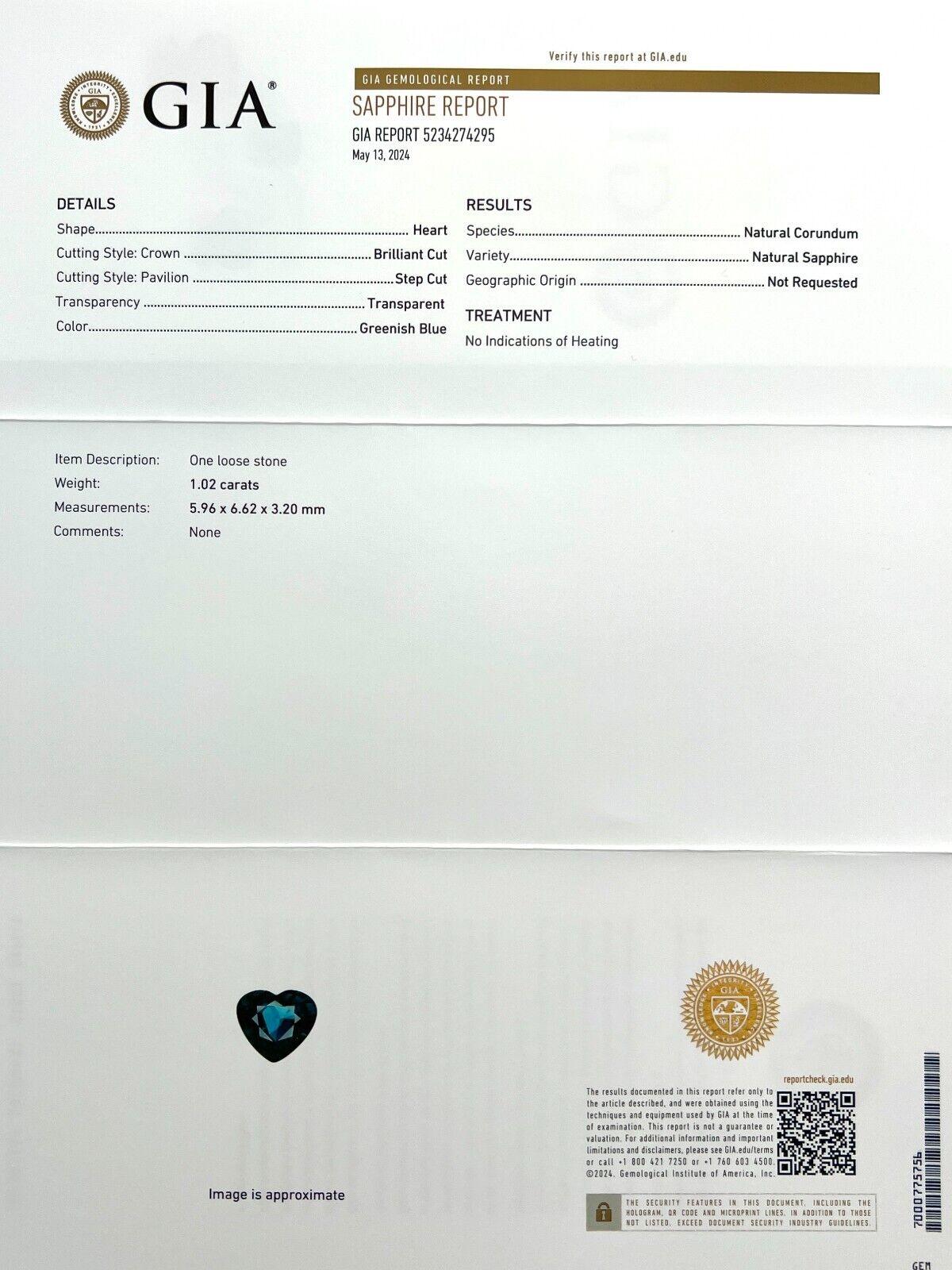 GIA CERTIFIED Natural 1.02ct Untreated Green Blue Sapphire 5.9x6.6mm Heart Cut

GIA Certified Untreated Green Blue Heart Cut Sapphire Gemstone.
1.02 Carat unheated green blue sapphire. Totally untreated and unheated, very rare for natural