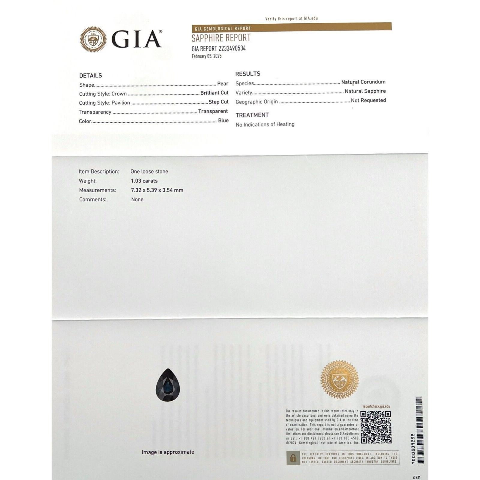 GIA Certificado Natural 1.03ct Azul Profundo Zafiro Sin Tratar Gema Corte Pera 7.3x5.3mm

Gema de zafiro natural azul profundo sin tratar certificada por el GIA.
Zafiro de gran calidad de color azul intenso.
1.03 quilates con una claridad excelente,