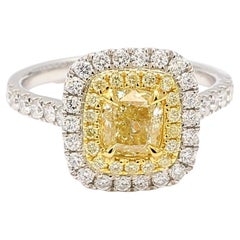 GIA Certified Natural Yellow Cushion and White Diamond 1.63 Carat TW Gold Ring