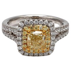GIA-zertifizierter natürlicher gelber Ring mit Kissenschliff und weißem Diamant 1.56 Karat TW Platin