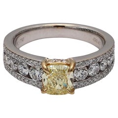 GIA Certified Natural Yellow Cushion and White Diamond 1.21 Carat TW Gold Ring