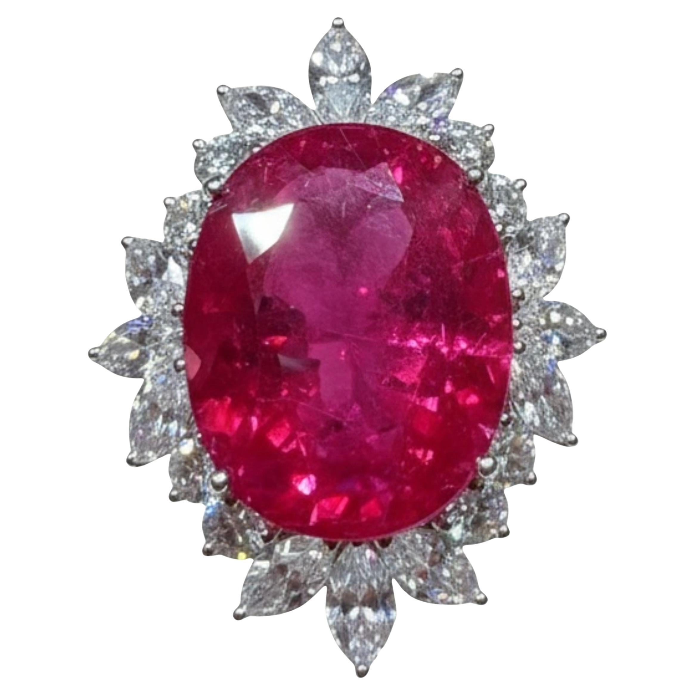 Anello con diamante e rubino ovale del Mozambico certificato GIA da 13,29 carati in oro bianco 18 carati